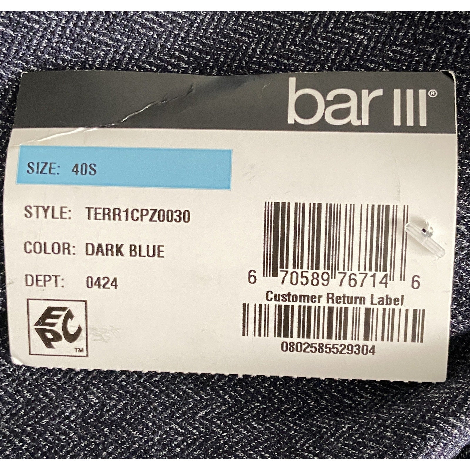 Bar III Sport Coat Men's 40 Short Slim Fit Stretch Dark Blue Herringbone