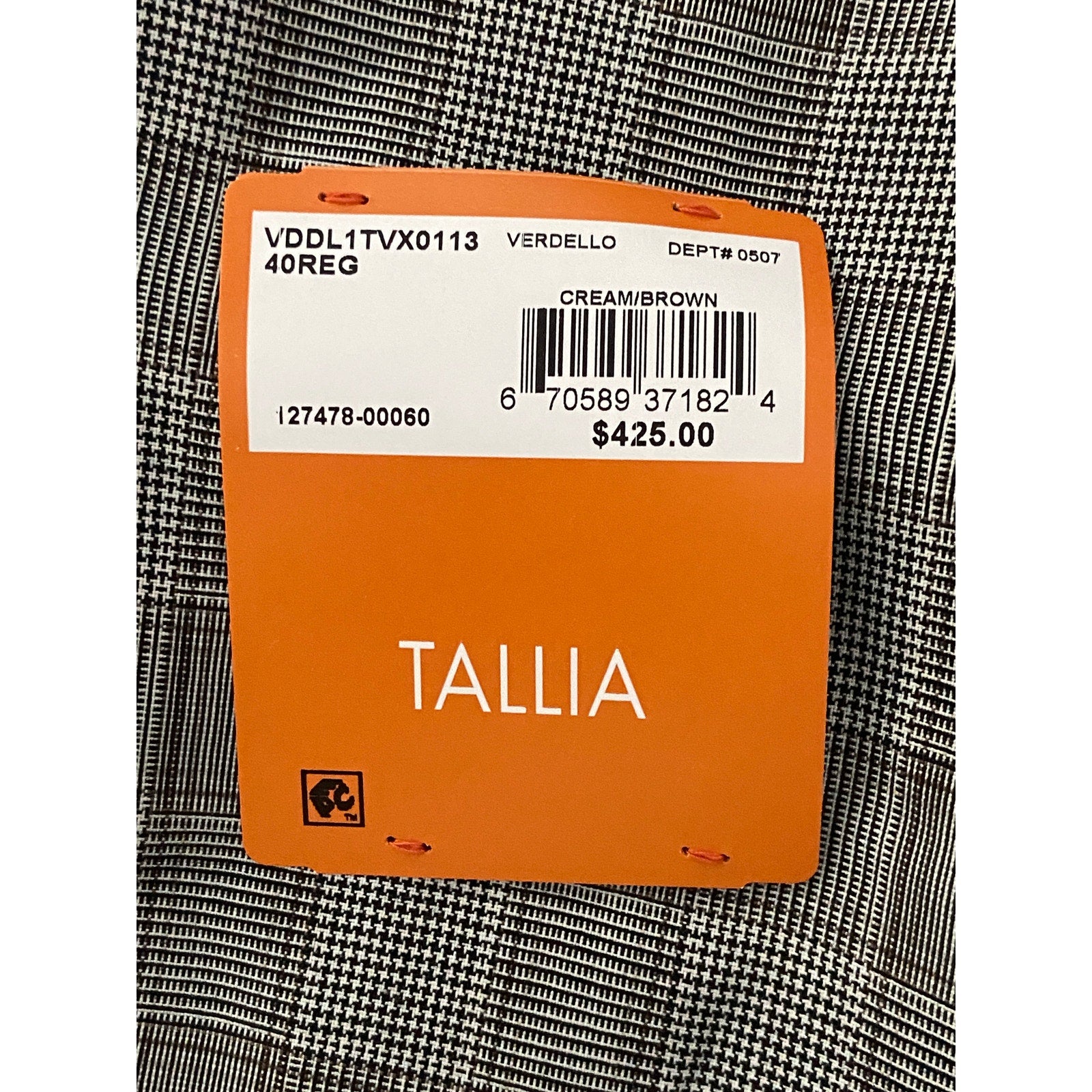 Tallia Verdello Suit Jacket Men's 40 Regular Stretch Wool Cream/Brown Plaid