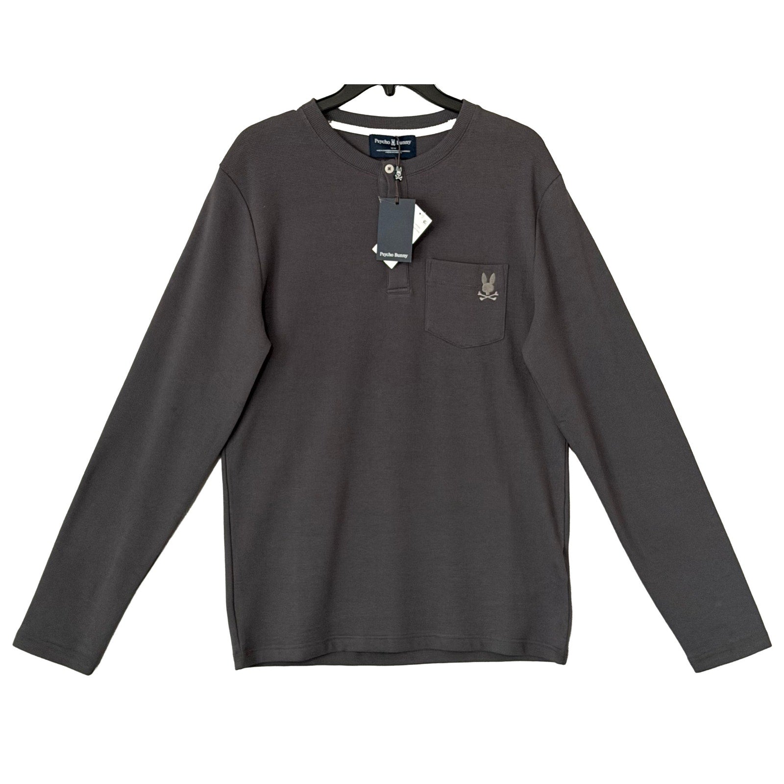 Psycho Bunny Henley T-Shirt Men's Medium Long Sleeve Chest Pocket Dark Gray