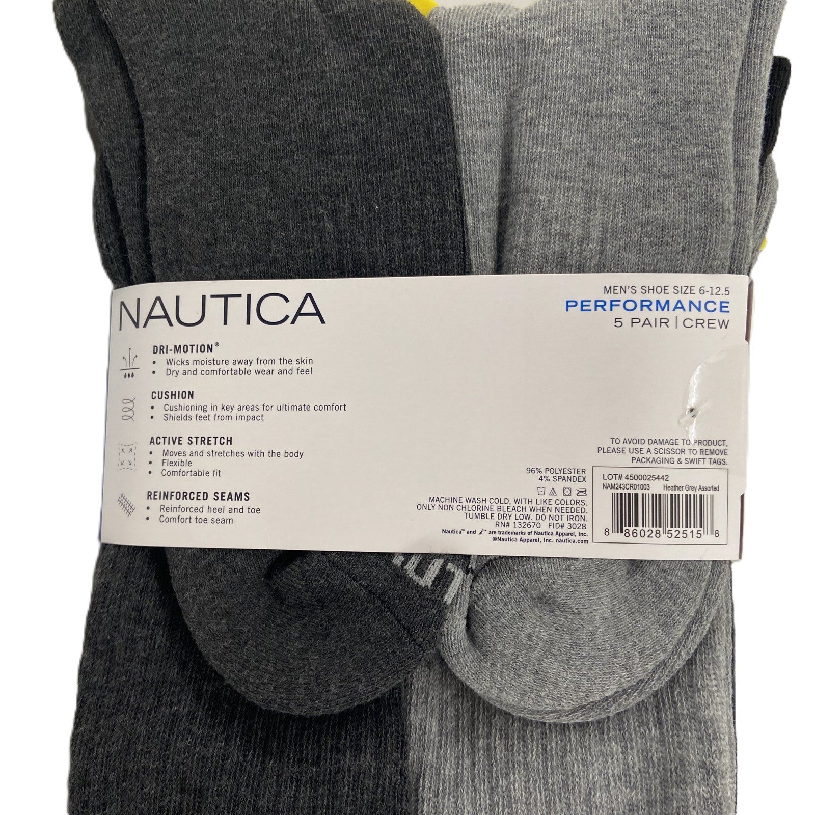 Nautica Performance Crew Socks 5-Pack Men's Shoe Size 6-12.5 Gray Black