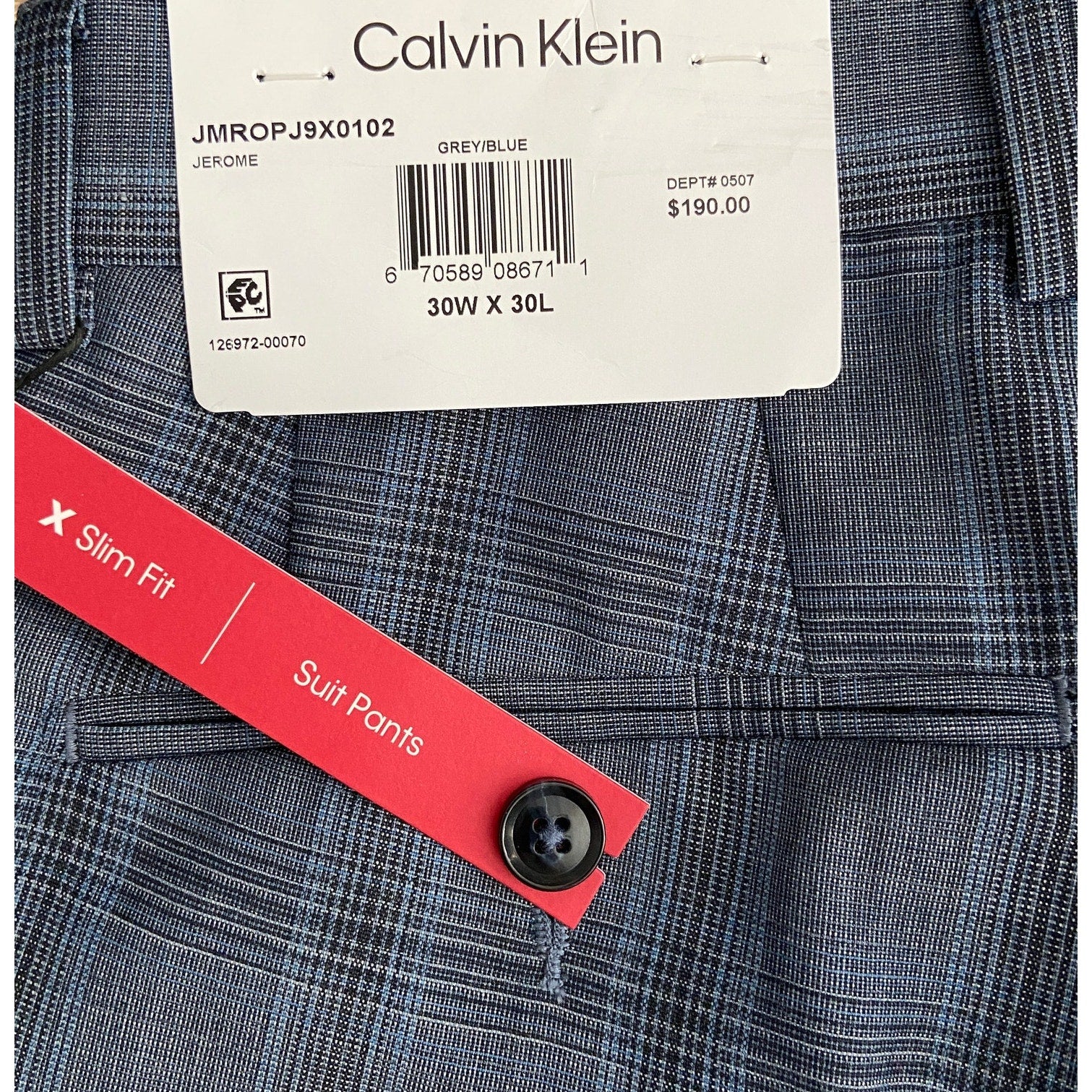 Calvin Klein Suit Pant Men's 30"x30" Slim Fit Stretch Grey & Blue Plaid