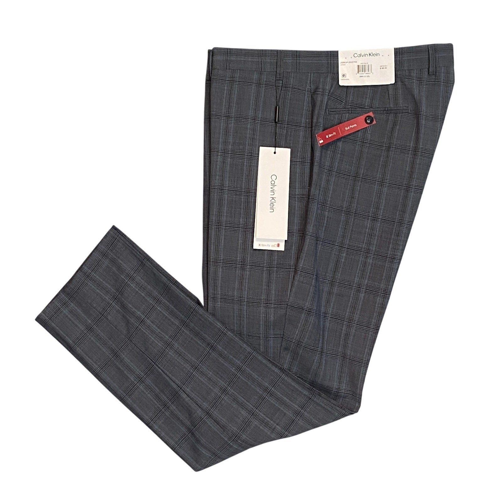 Calvin Klein Suit Pants Men's 38"x32" Slim Fit Wool Blend Grey & Blue Plaid