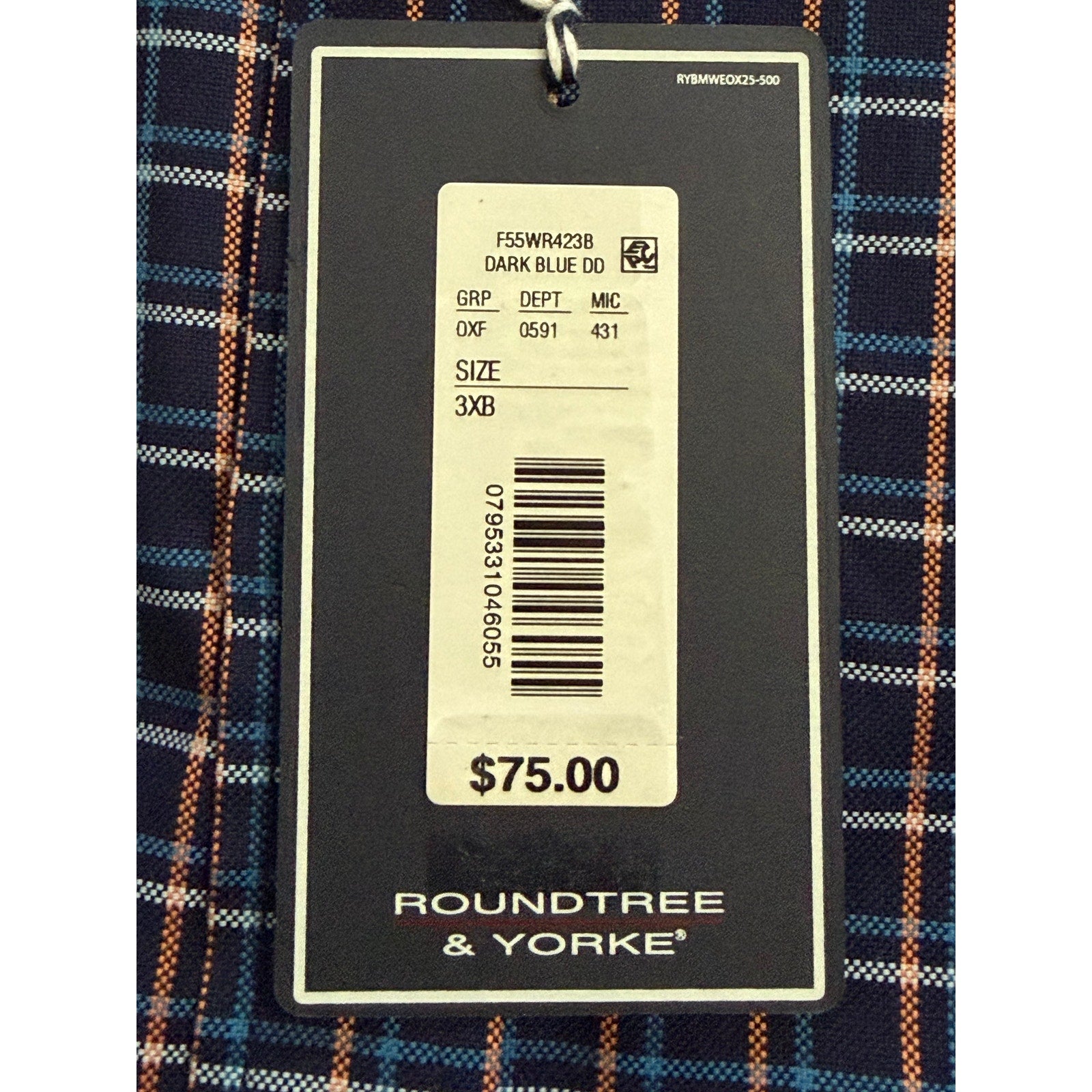 Roundtree & Yorke Men's Weekend Oxford Shirt 3XB Big & Tall Dk Blue Gingham NWT