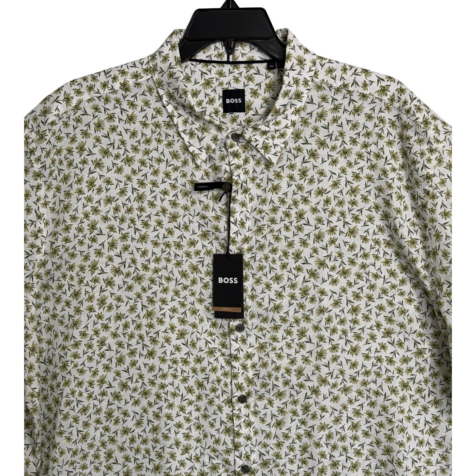 Boss Shirt Men's 3XL Big & Tall Short Slv Stretch Linen Shirt Green Floral