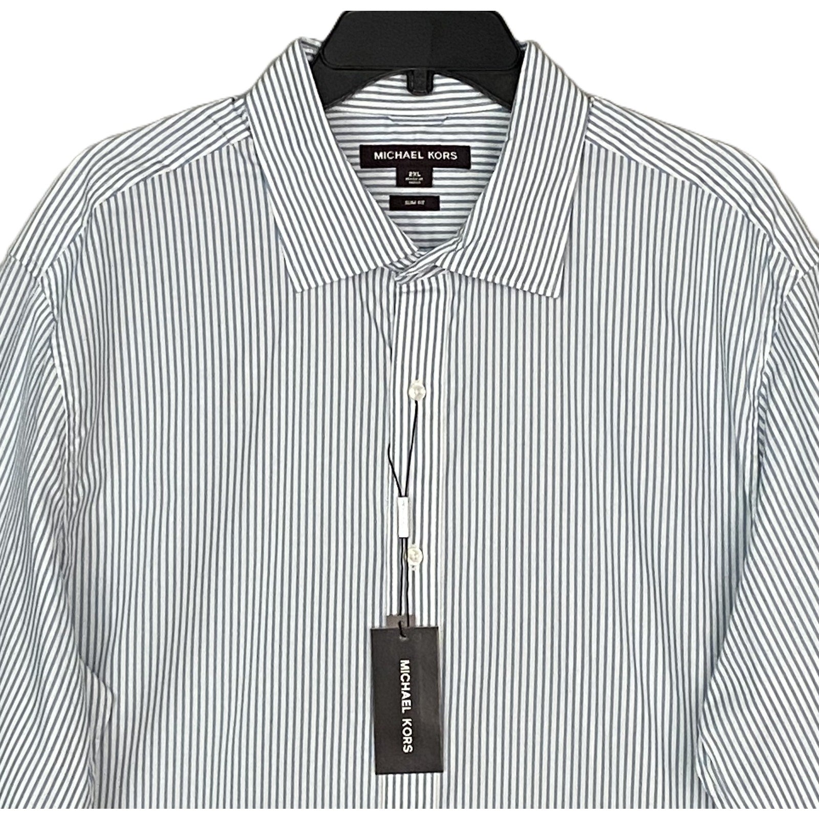 Michael Kors Dress Shirt Men's 2XL Slim Fit Long Sleeve Blue Pinstripe