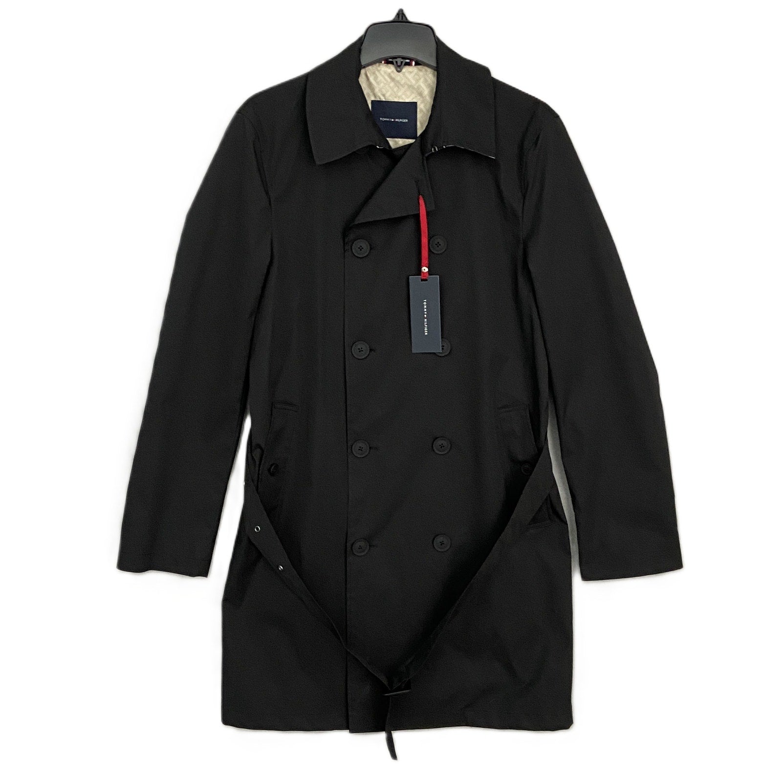 Tommy Hilfiger Men's 38 Regular Double-Breasted Belted Trench Coat Black