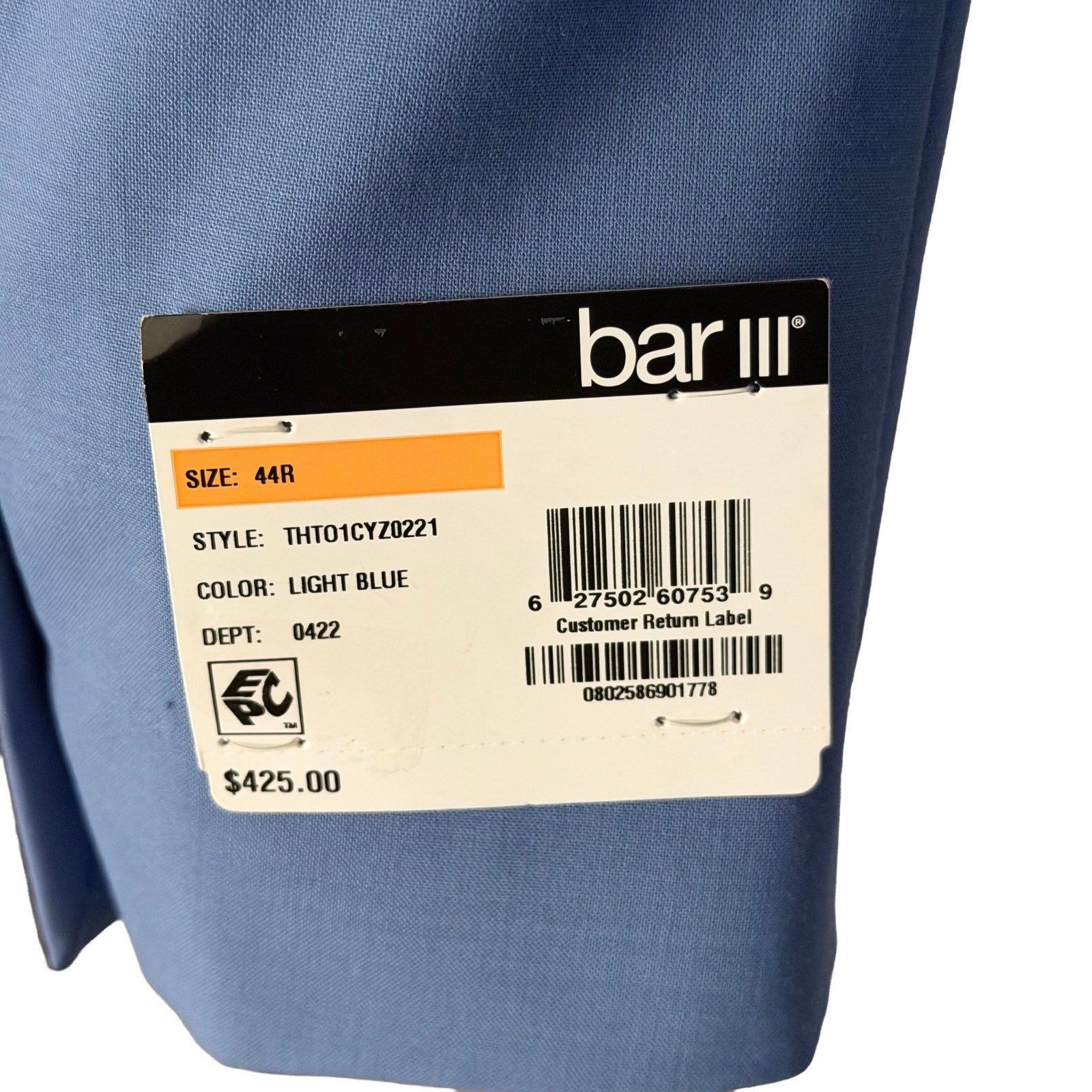 Bar III Suit Jacket Men's 44 Regular Slim Fit Wool Blend Stretch Light Blue
