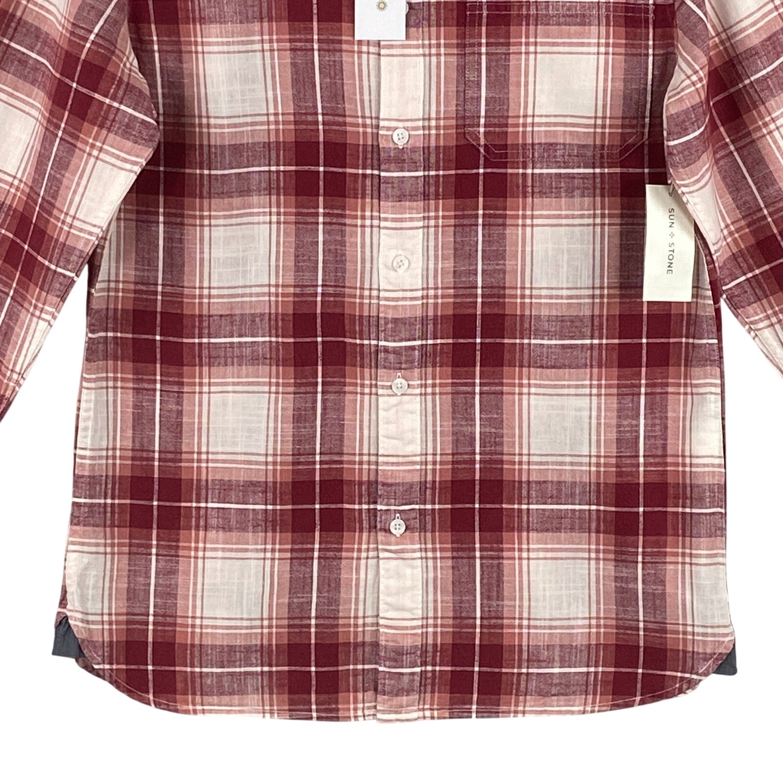 Sun + Stone Shirt Men's Small Woven Long Sleeve Button Up Raspberry Plaid