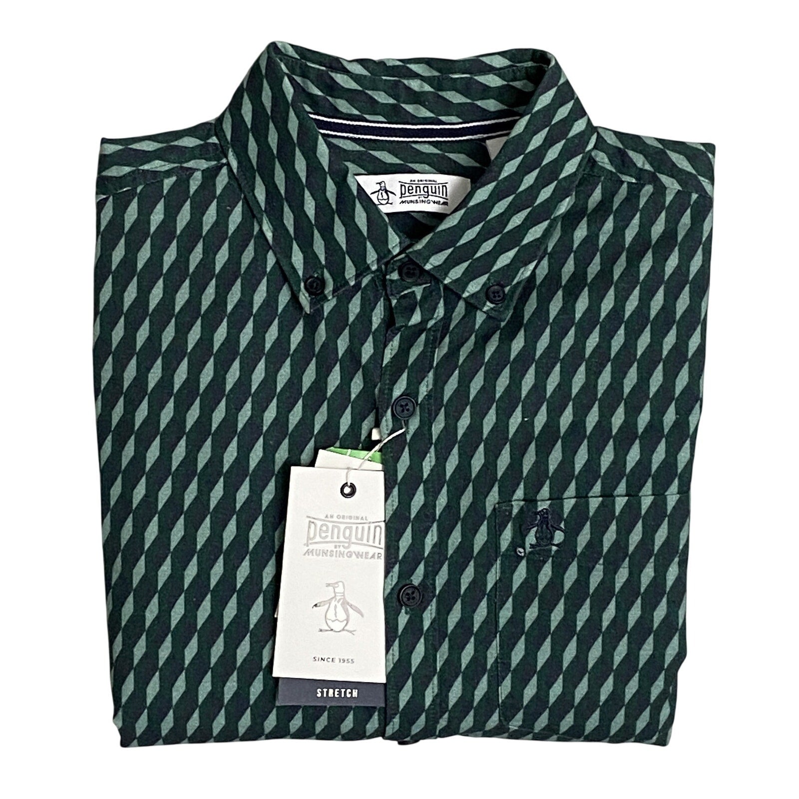 Penguin Shirt Men's Small Long Sleeve Button-Down Shirt Green Geo Print