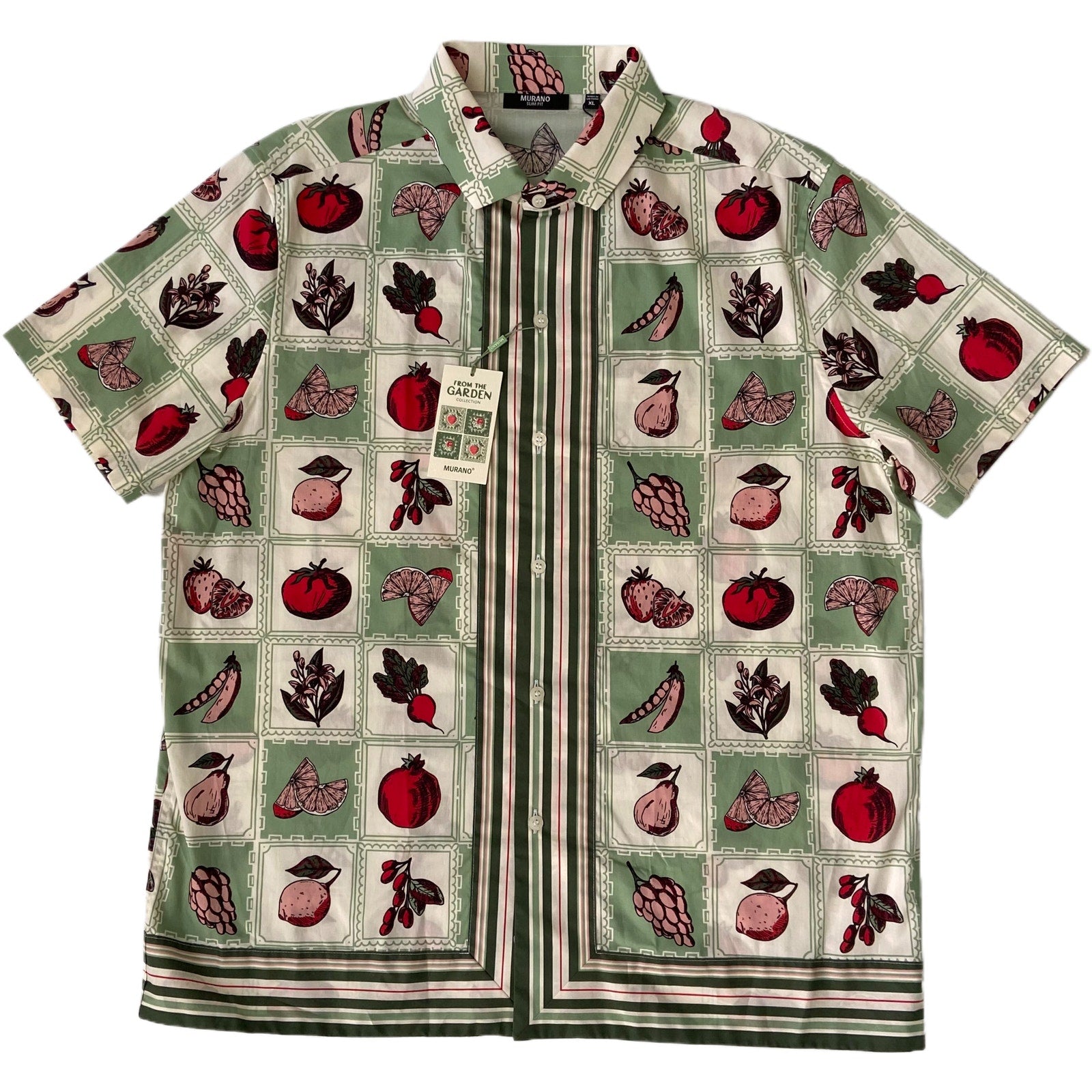 Murano Casual Shirt Men's XL "From the Garden" Slim Fit Short Slv Green/Red