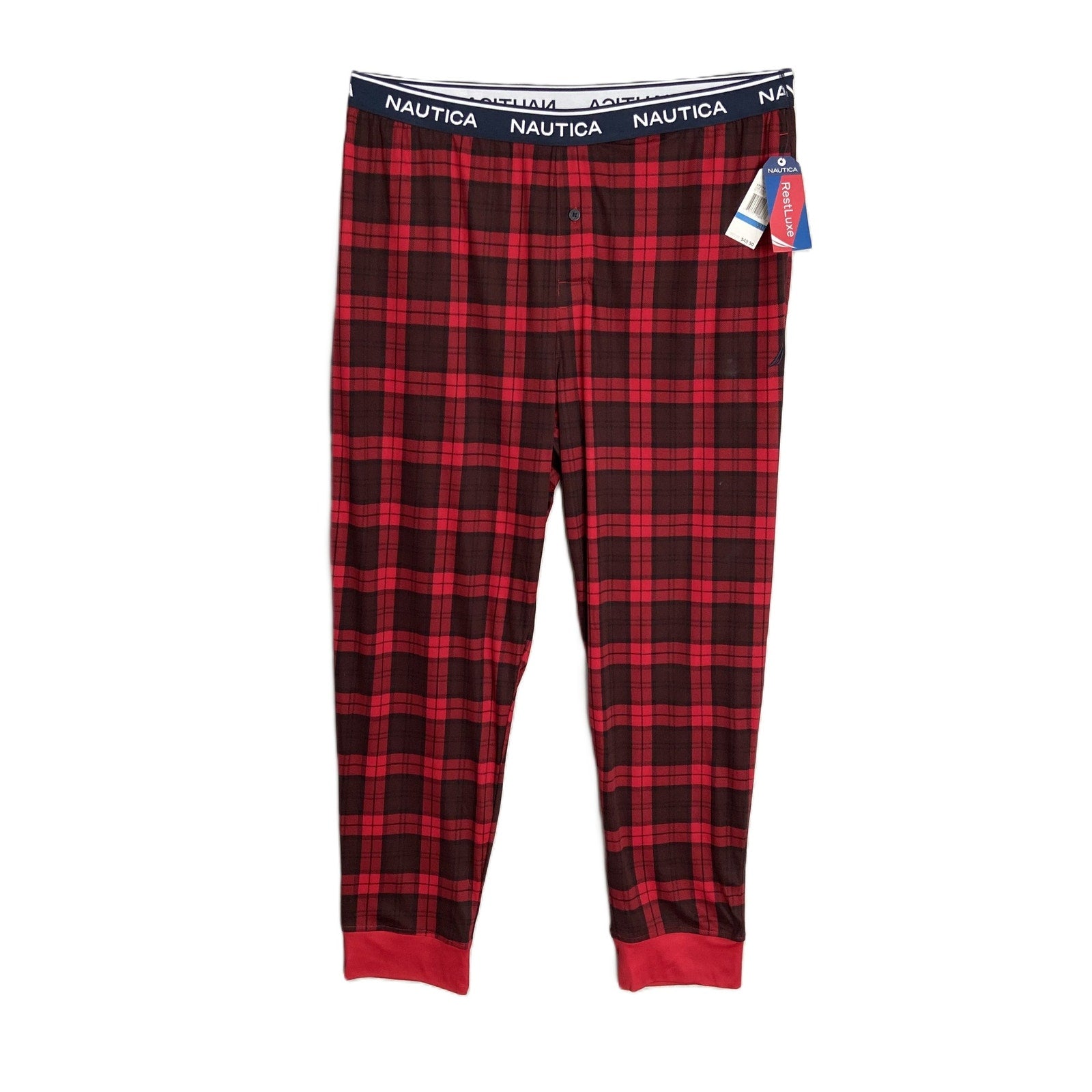Nautica Sleep Pant Men's XL RestLuxe Elastic Waist Pockets Red & Black Check