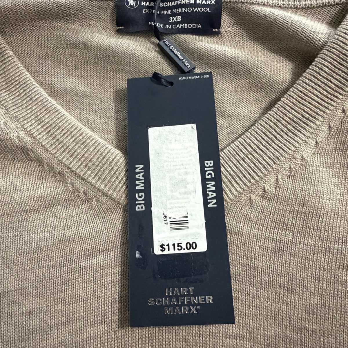Hart Schaffner Marx Sweater Men's 3XB Big & Tall V-Neck Merino Wool Oatmeal