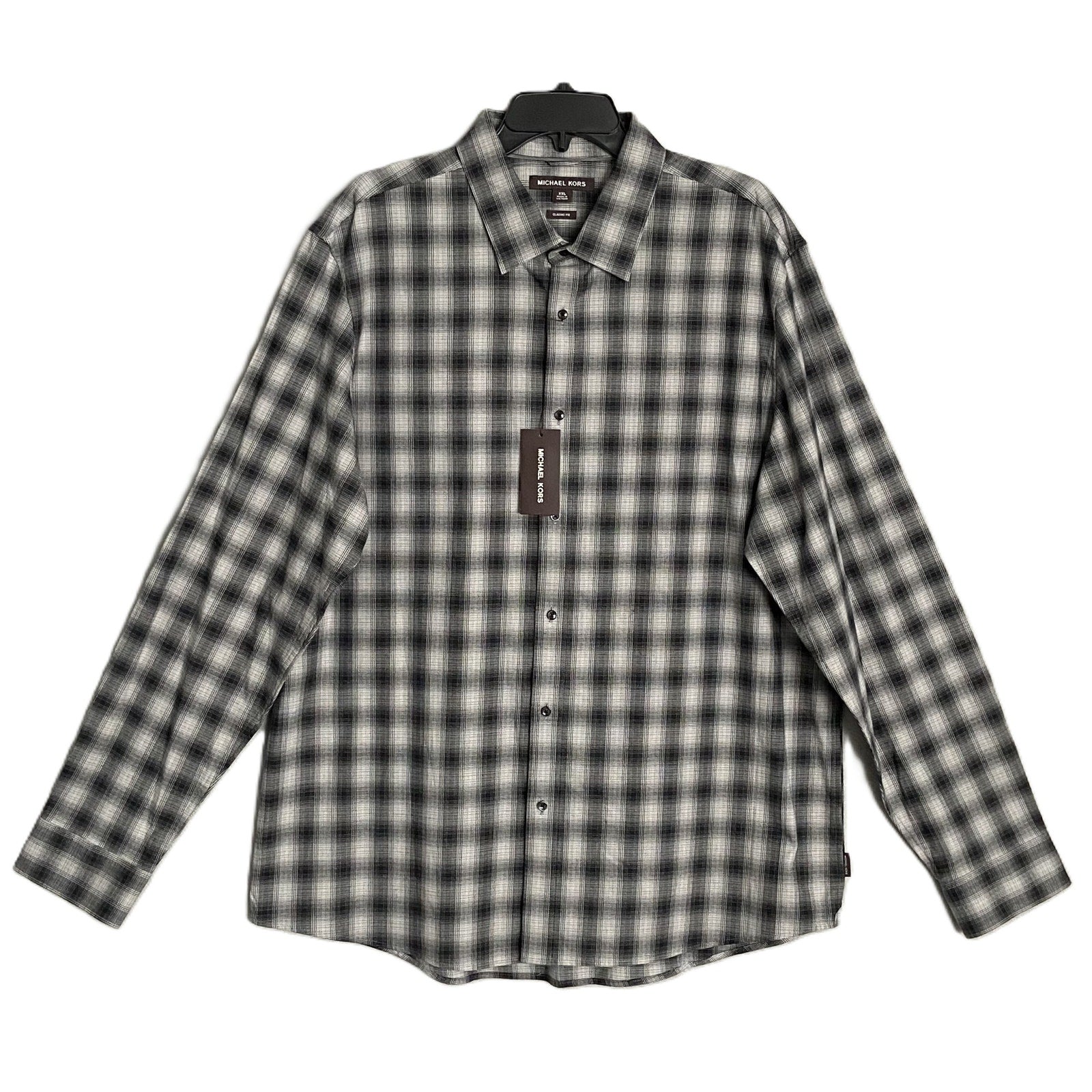 Michael Kors Flannel Shirt Men's XXL Classic Fit Black Grey Plaid Stretch