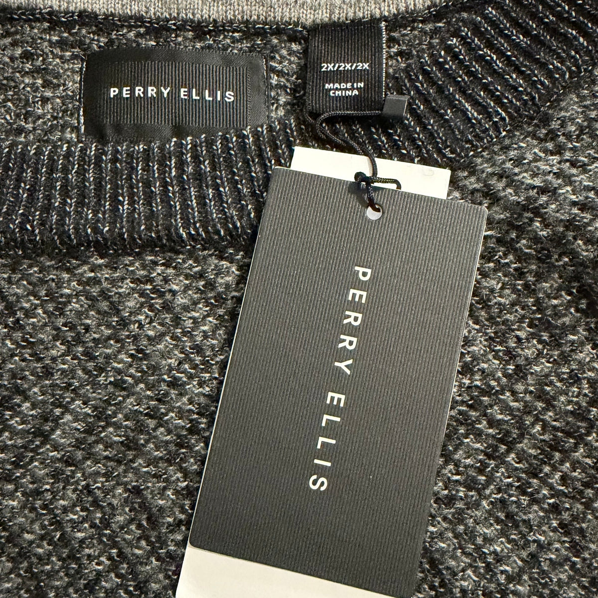 Perry Ellis Sweater Men's 2X Big & Tall Yarn Herringbone Crew Neck Black
