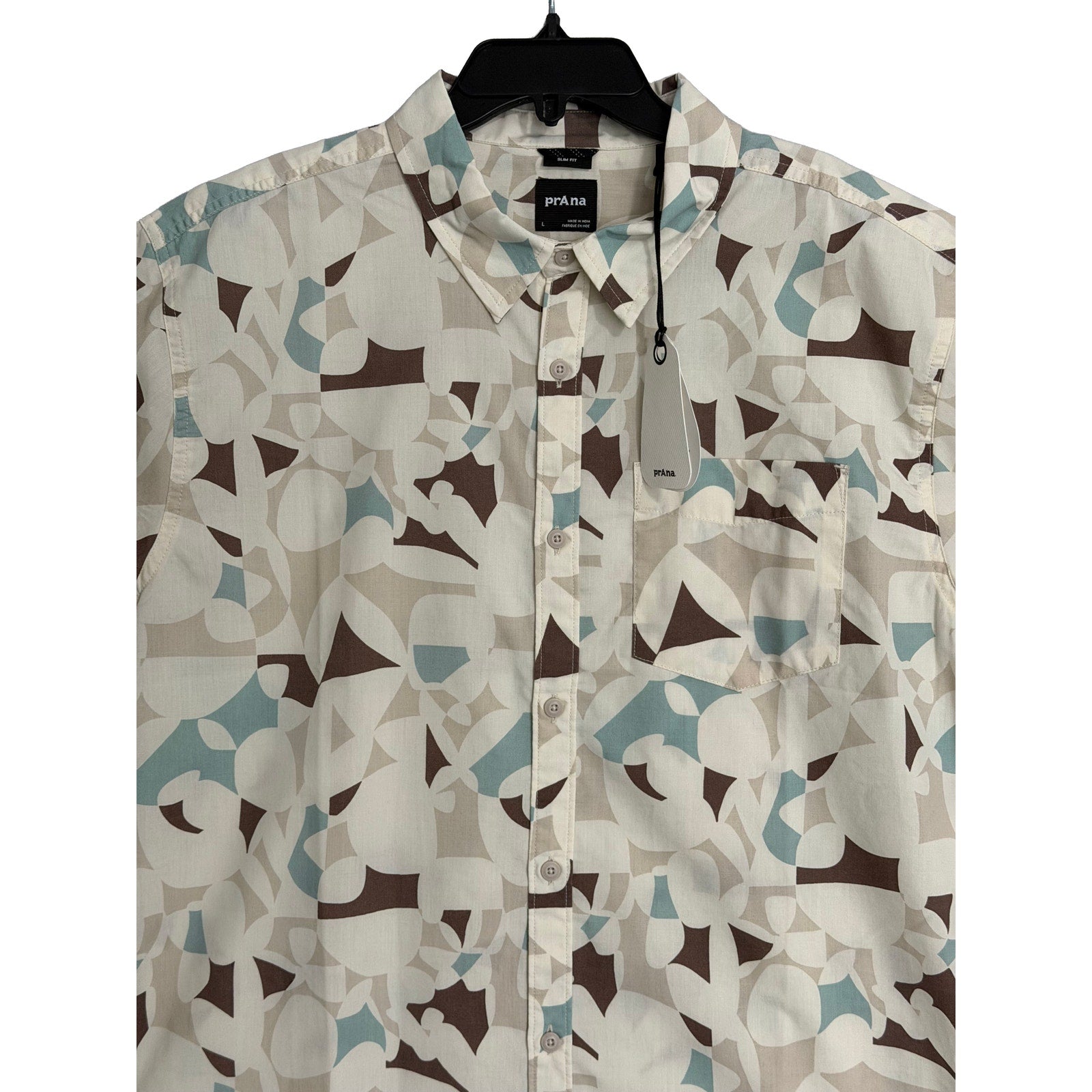 prAna Stimmersee Shirt Men's Large Slim Fit Short Sleeve Almond Geo