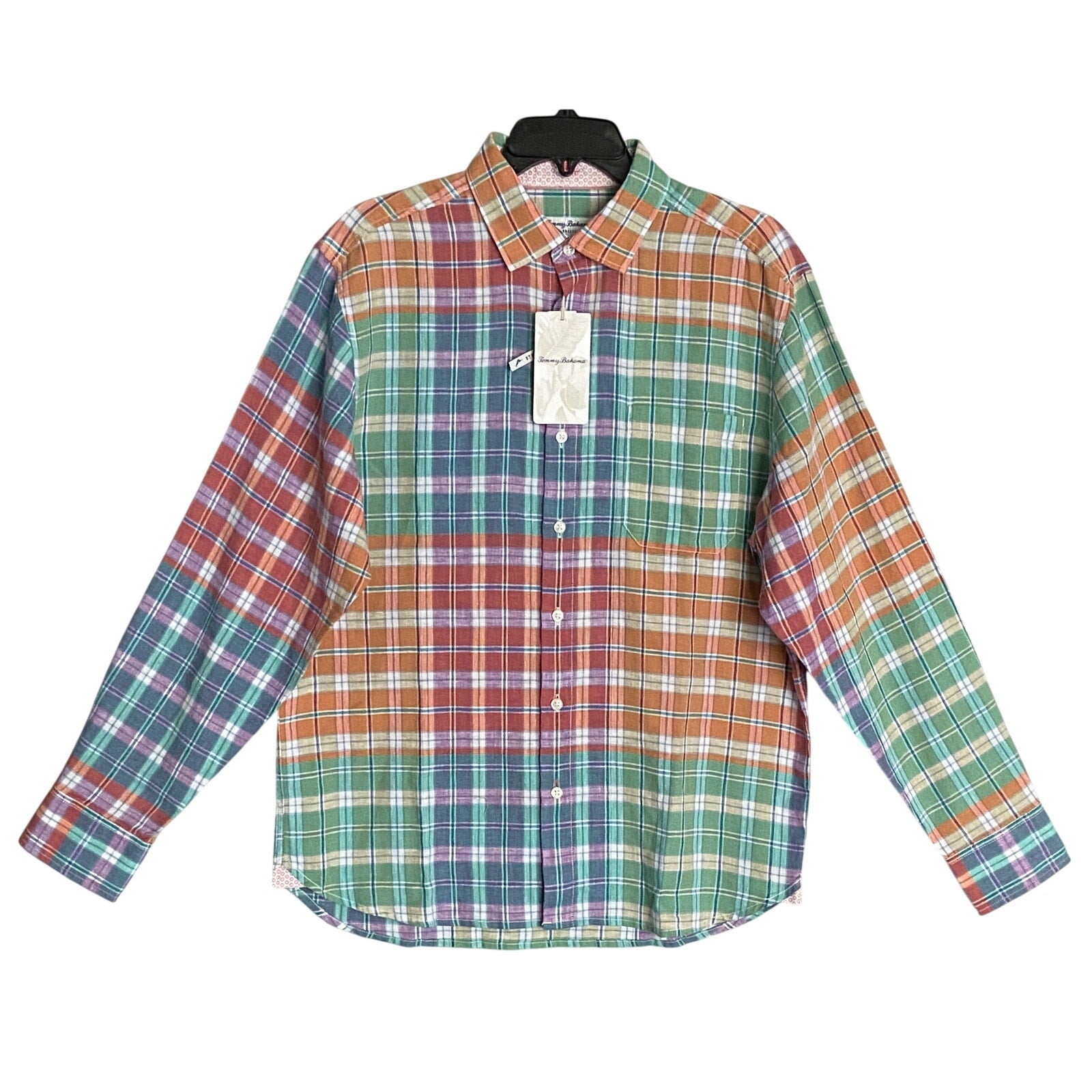 Tommy Bahama Shirt Men's Medium "Barbados Breeze Stretch" Plaid Linen Blend