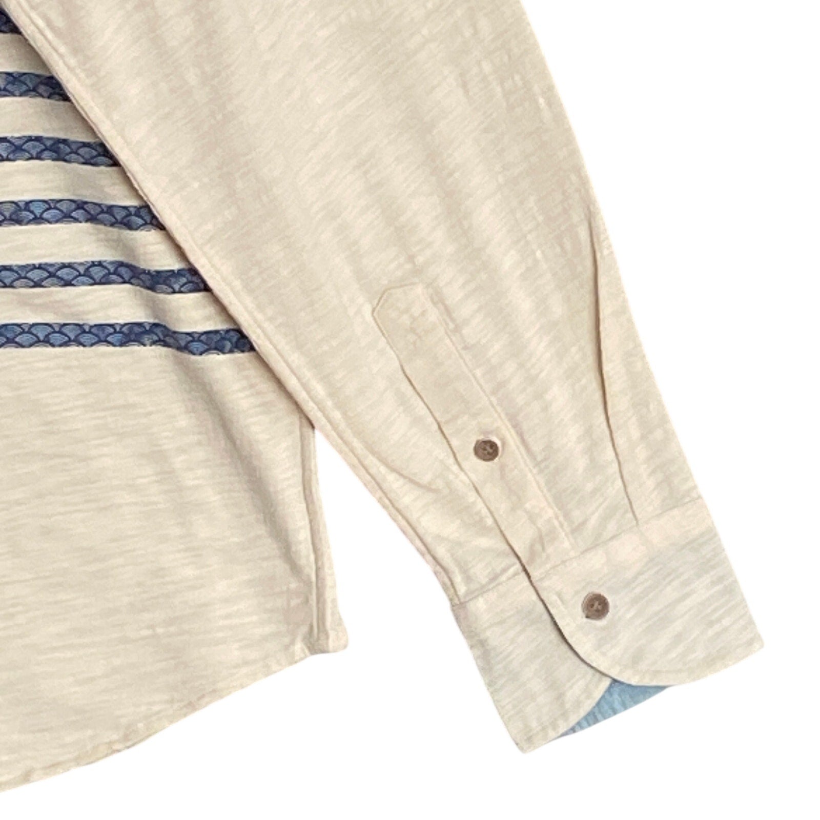 Daniel Cremieux Shirt Men's Large Long Sleeve Polo Shirt Cream Blue Stripe