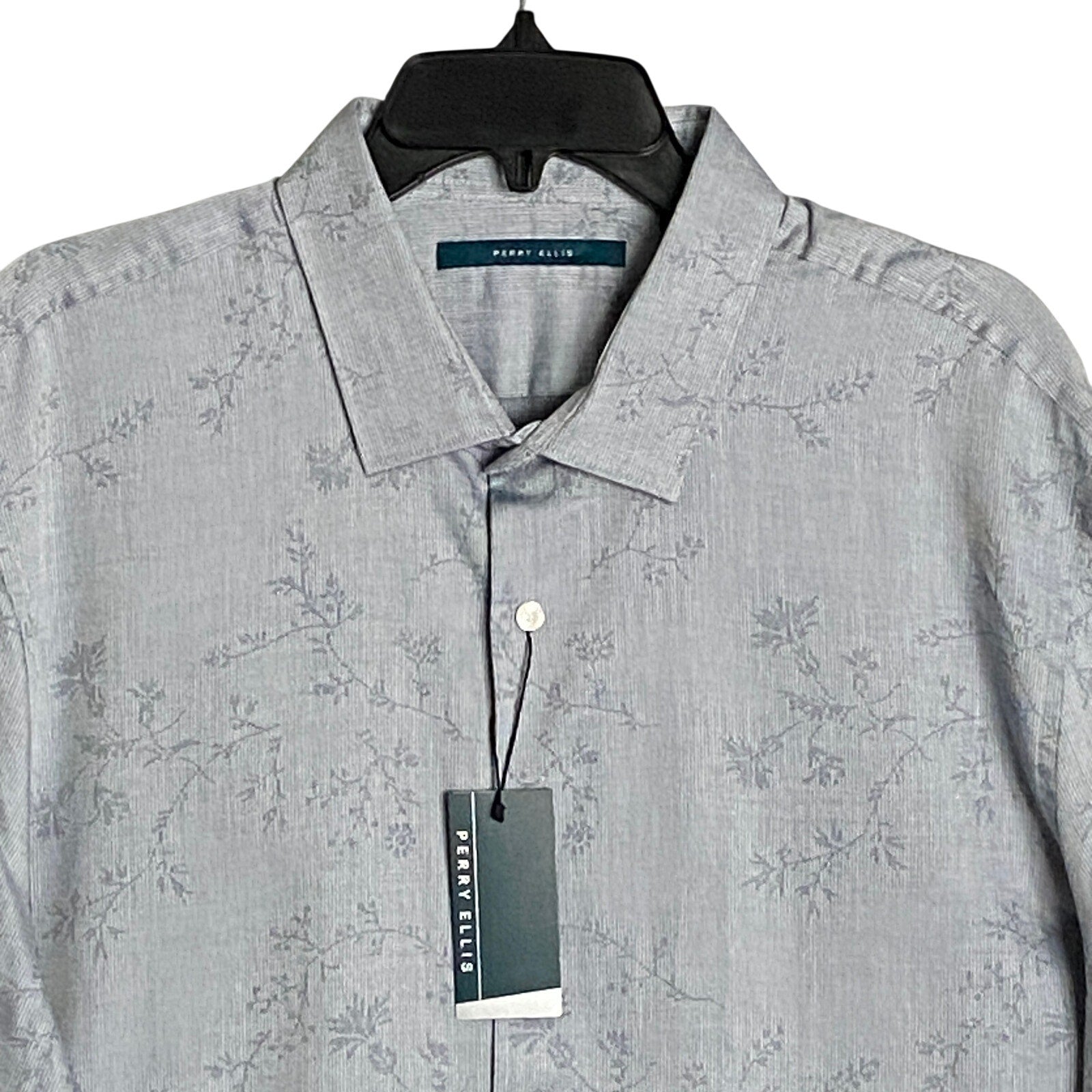 Perry Ellis Shirt Men's XXL Long Sleeve Button Up Shirt Grey Floral Pattern