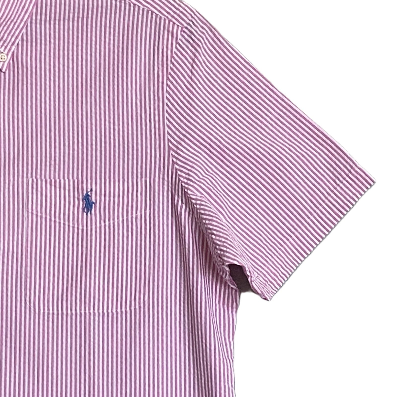 Polo Ralph Lauren Shirt Pink Seersucker Short Slv Untucked Fit Men's Large