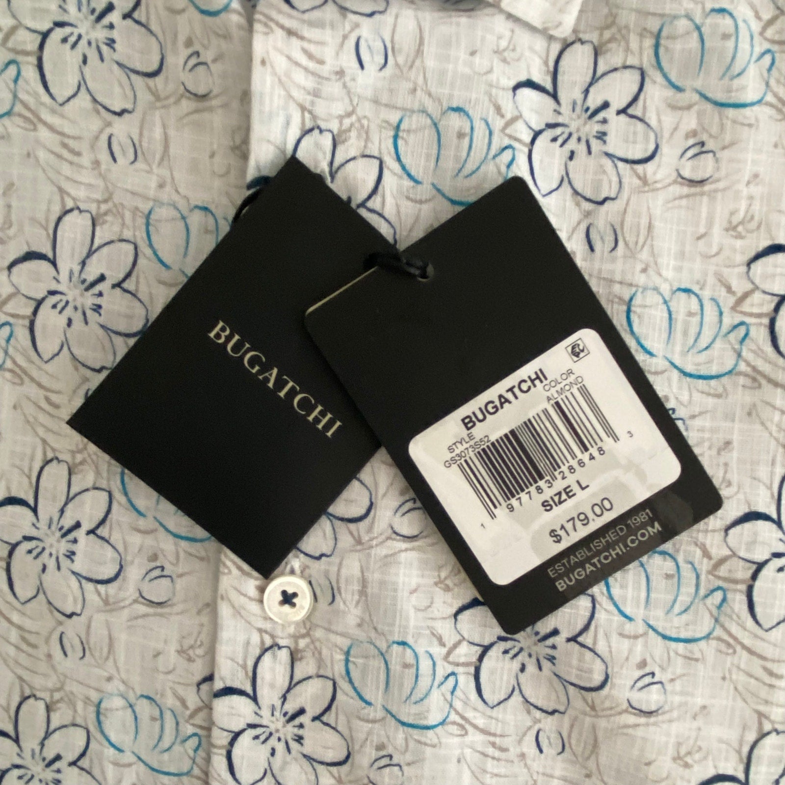 Bugatchi Shirt Men's Large Classic Fit Button-Up Short Sleeve Almond Floral