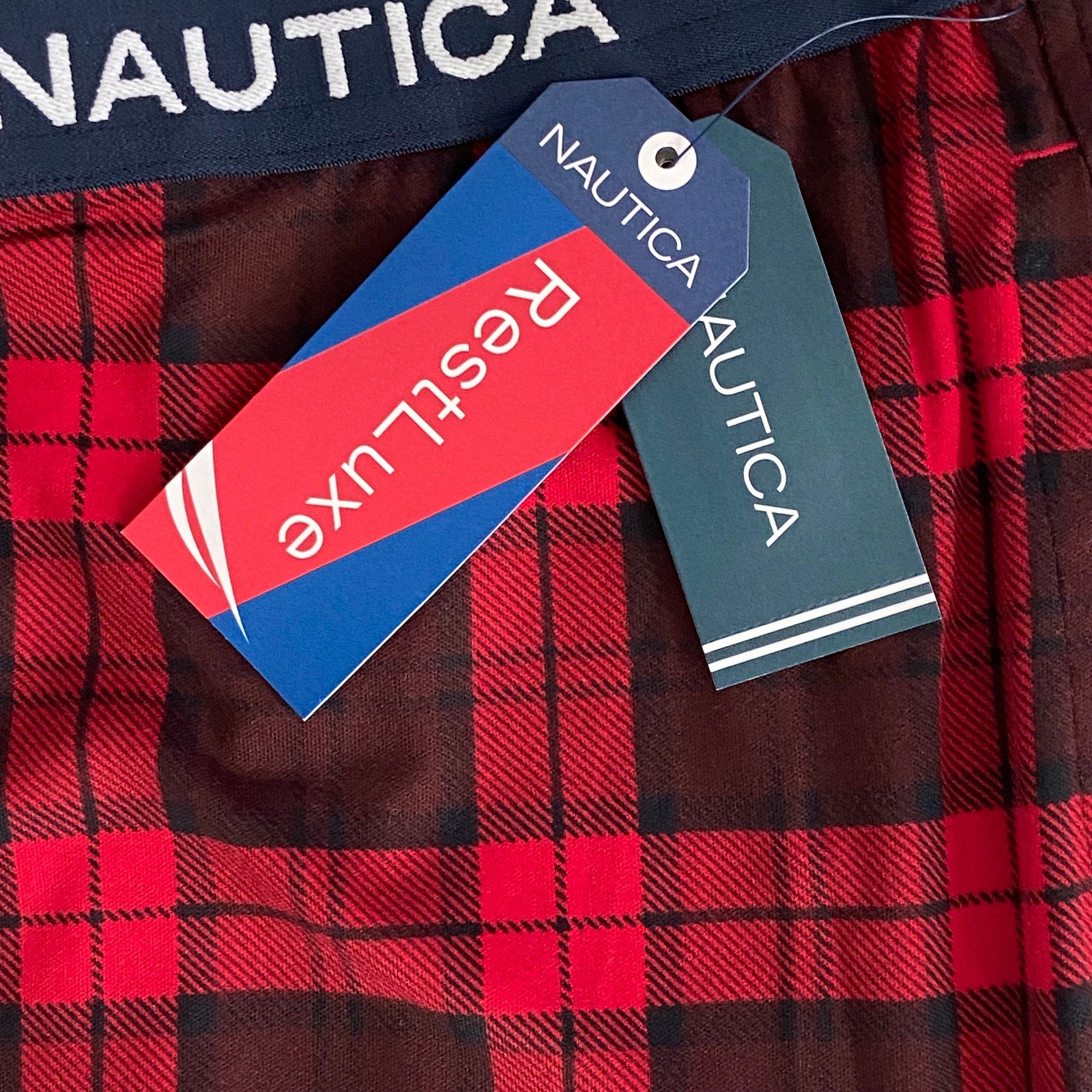 Nautica Sleep Pant Men's Large RestLuxe Elastic Waist Pockets Red/Black Check