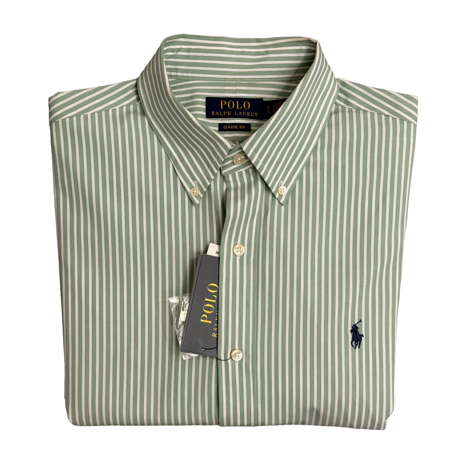 Polo Ralph Lauren Shirt Men's Large Classic Fit Dress Shirt Green White