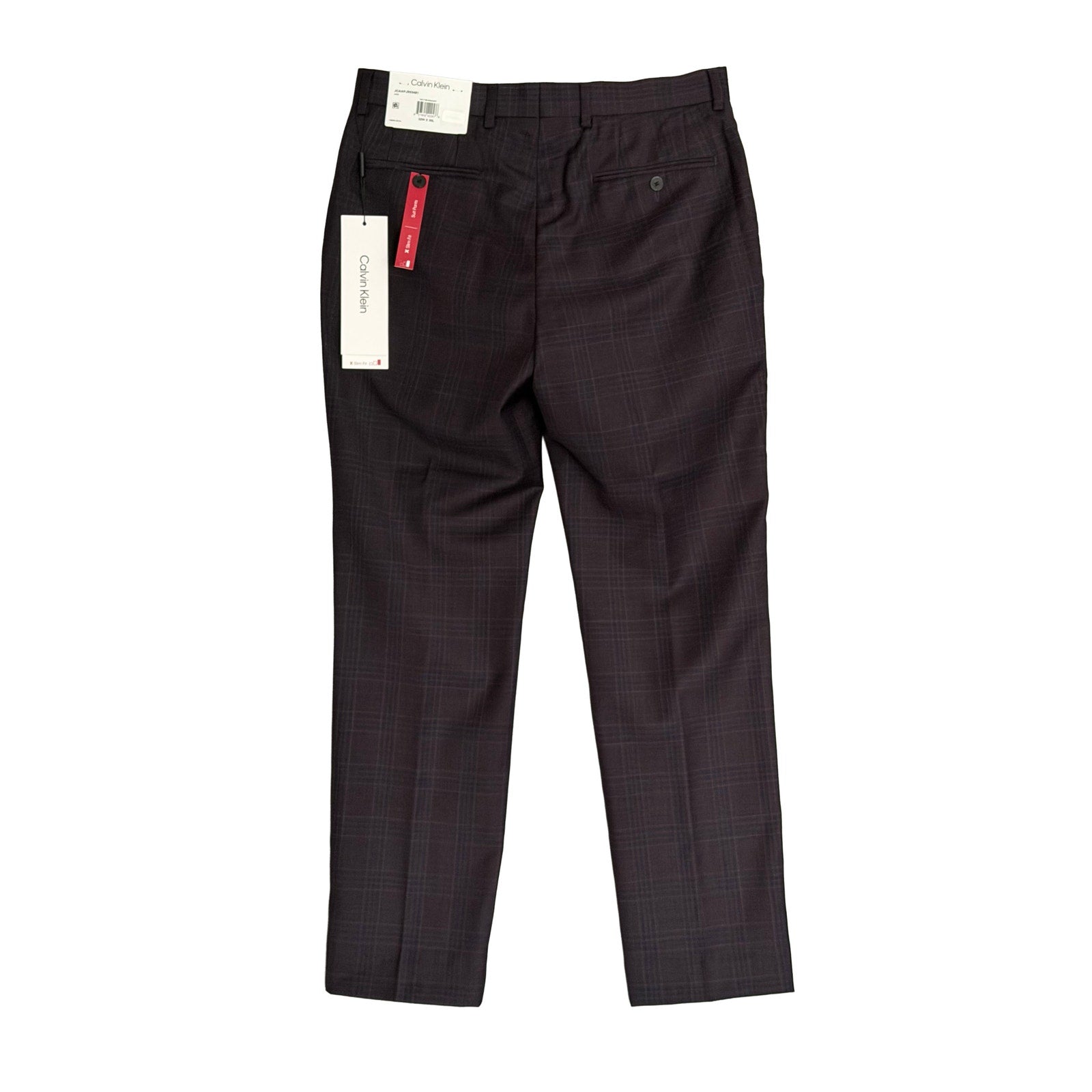 Calvin Klein Suit Pant Men's 32"x30" Slim Fit Stretch Navy Burgundy Check