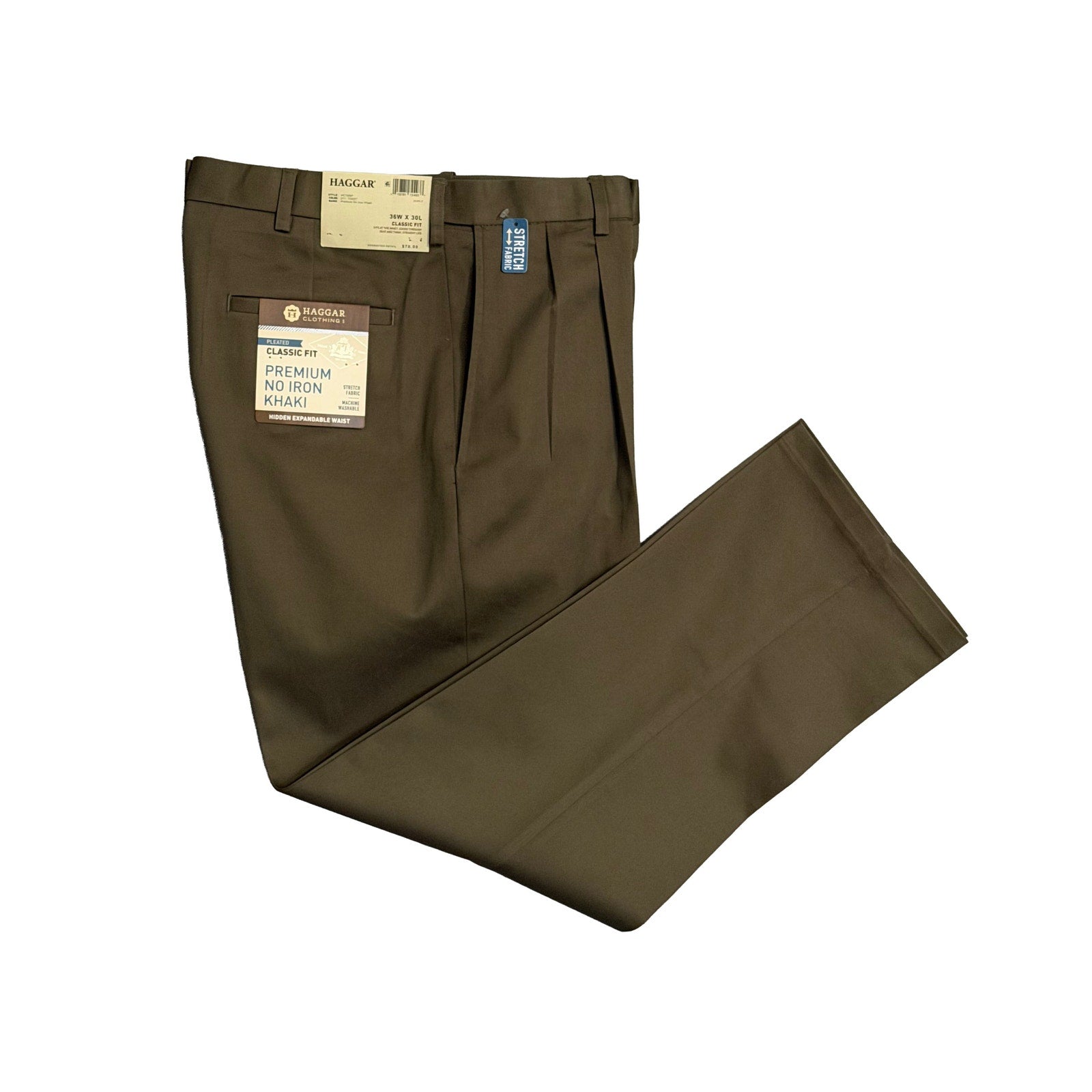 Haggar Men's 36x30 Premium No Iron Khaki Pleated Front Stretch Toast (Brown)