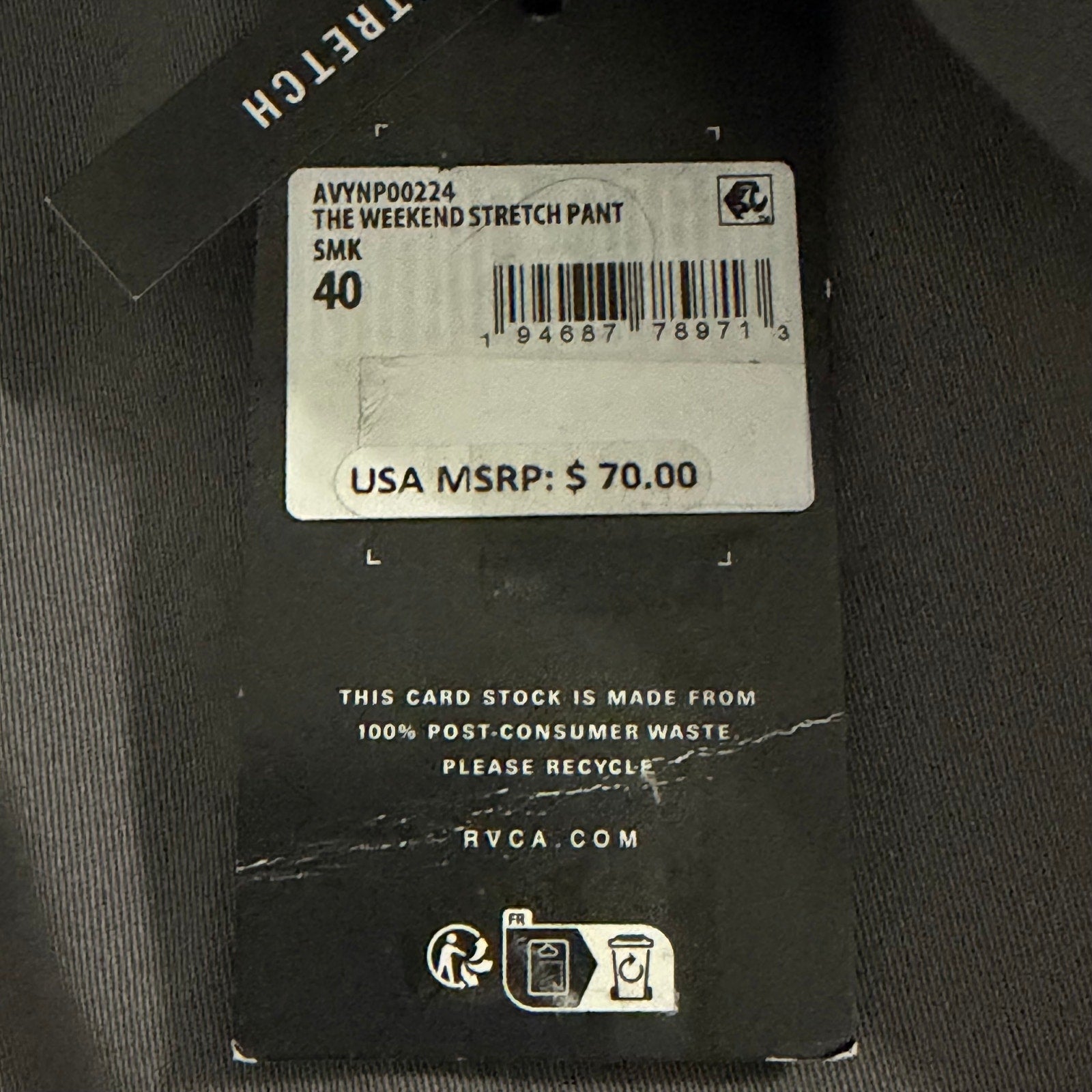 RVCA Week-End Pant Men's 40"x34" Straight Fit Stretch Fabric Smoke Gray