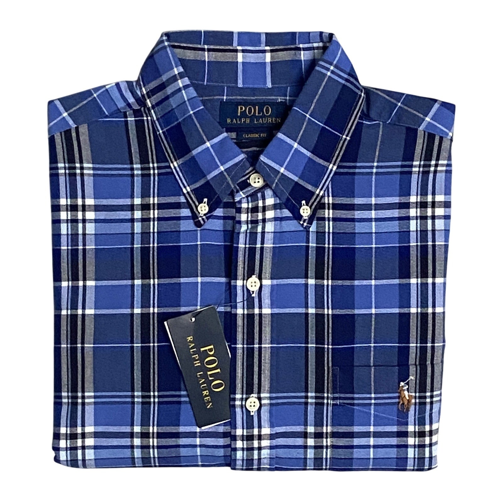 Polo Ralph Lauren Shirt Men's Medium Classic Fit Button-Down Blue Plaid