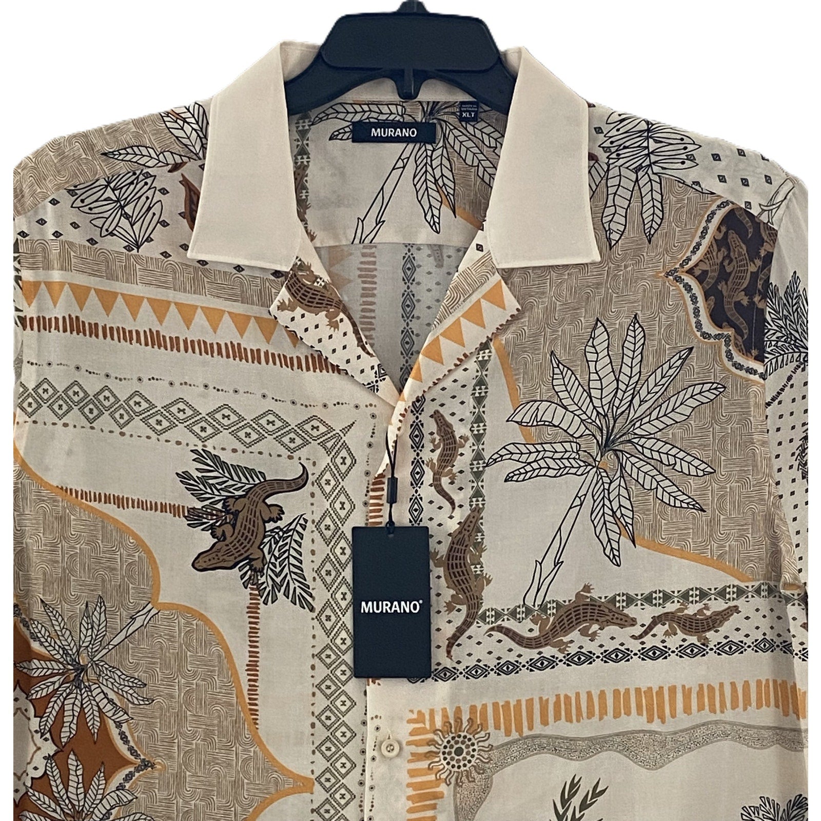 Murano Camp Shirt Men's XLT Big & Tall Bandana Print Linen Blend Egg Shell
