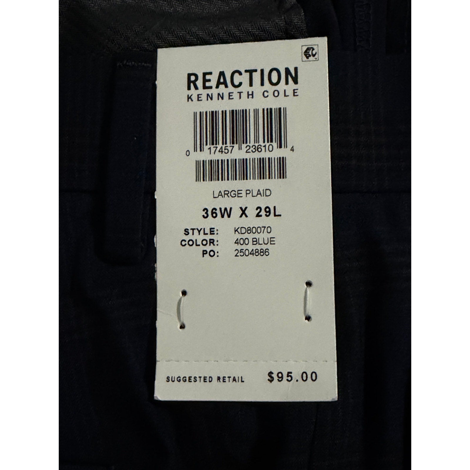 Kenneth Cole Dress Pants Men's 36"x29" Stretch Slim Fit Large Blue Plaid
