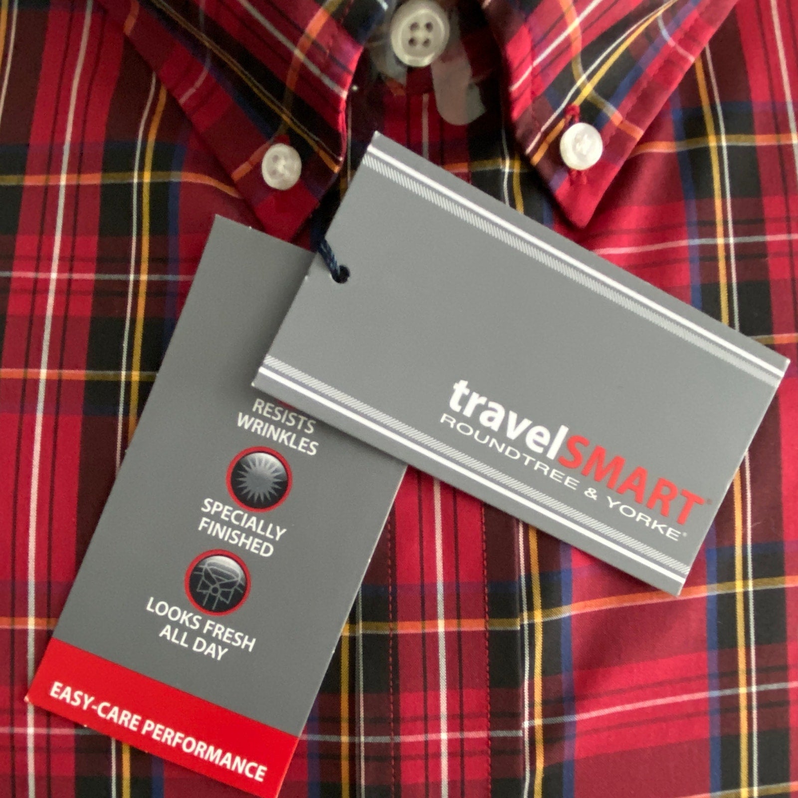 Roundtree & Yorke TravelSmart Big & Tall Men's 4XB Dress Shirt Red Plaid