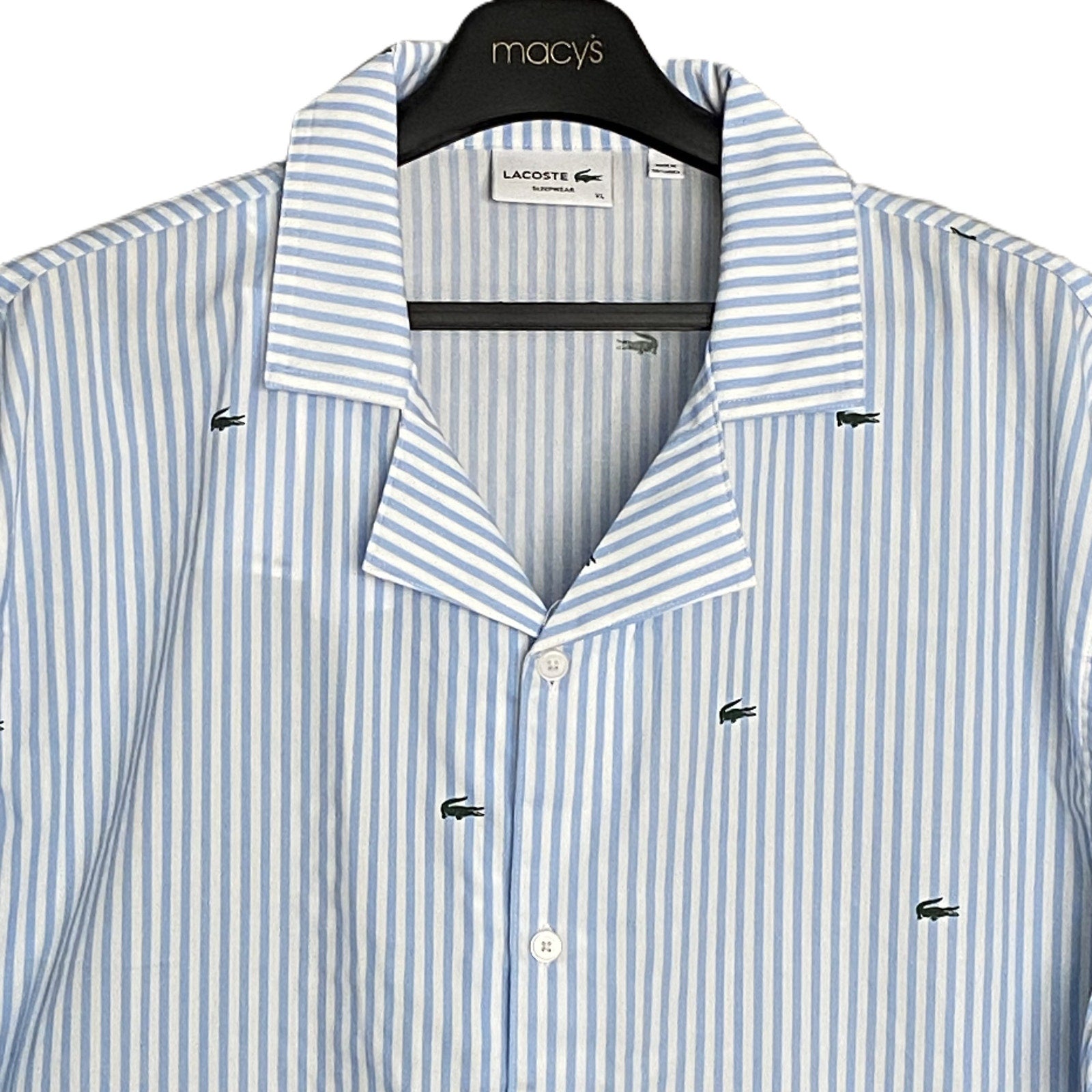 Lacoste Sleepwear Men's XL Poplin Pajama Shirt Cotton Blue Pinstripe