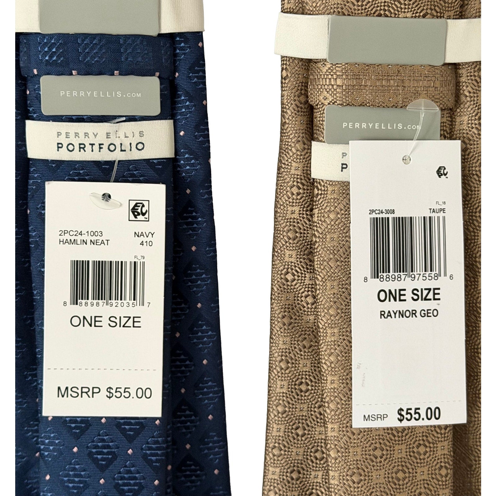 Perry Ellis Portfolio Ties Lot of 2 Men's Navy Diamond & Taupe Geometric