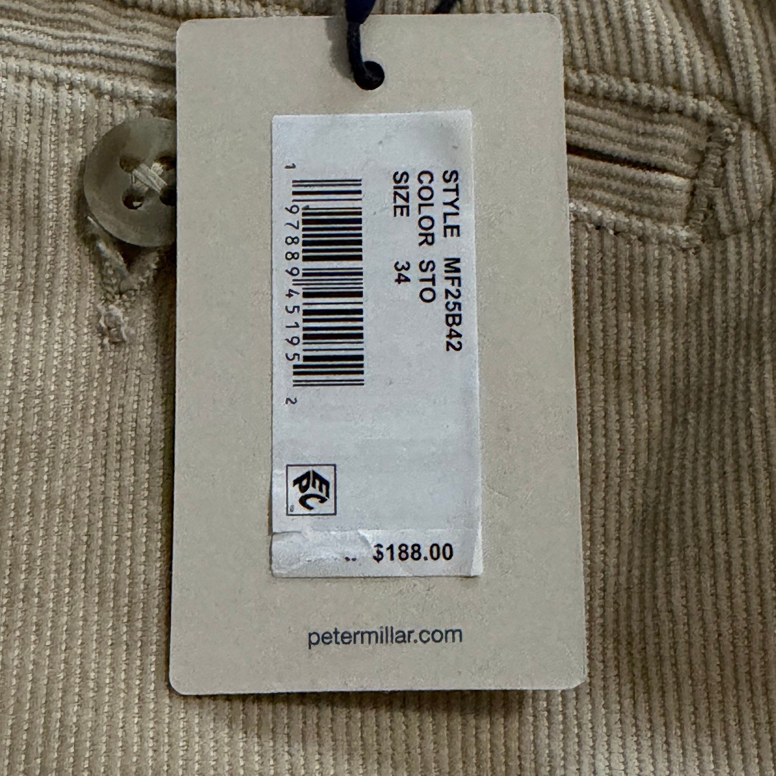 Peter Millar Pants Men's 34"x34" Superior Soft Corduroy Dress Pant Stone
