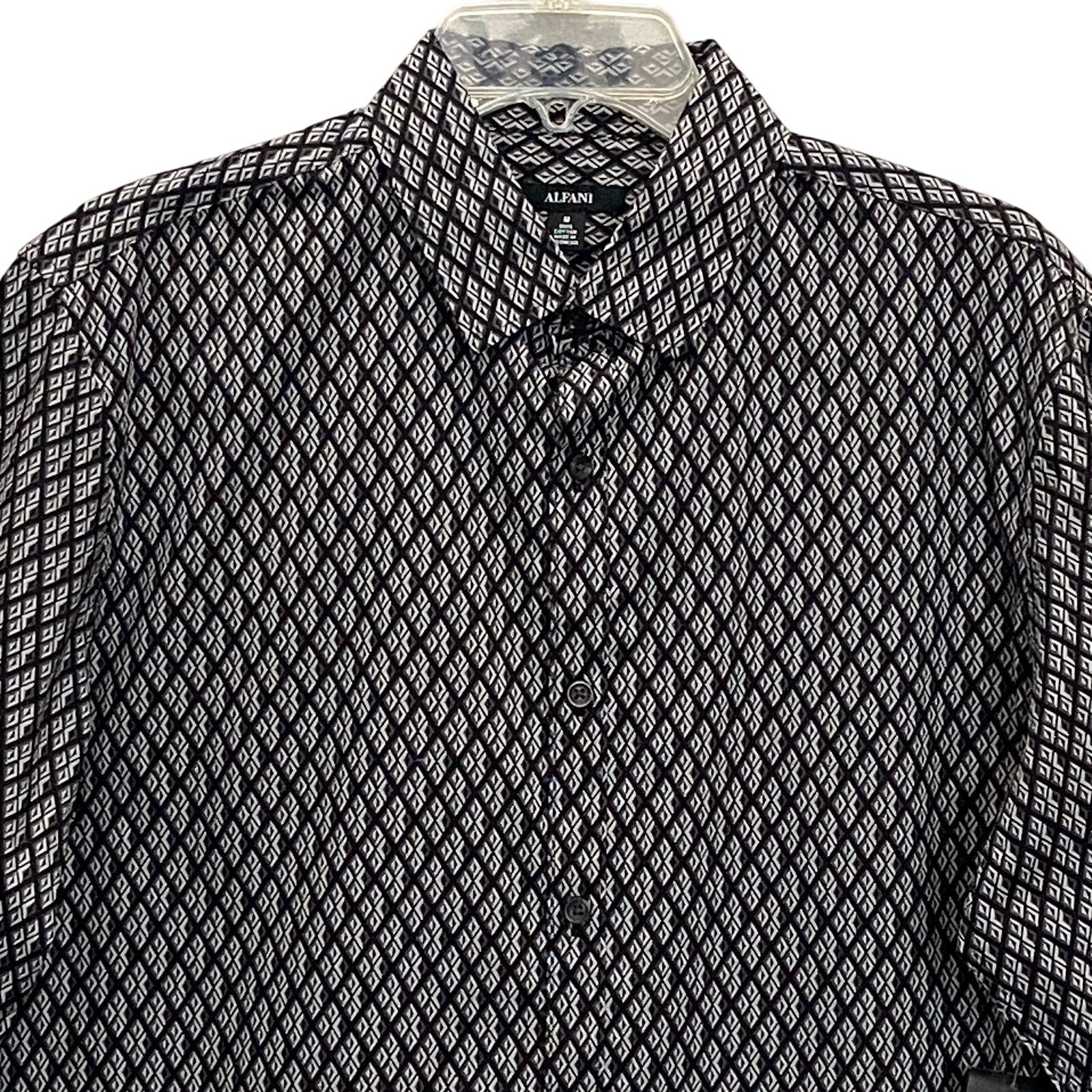 Alfani Dress Shirt Men's Medium Button-Up Cotton Long Sleeve Black Geo Print