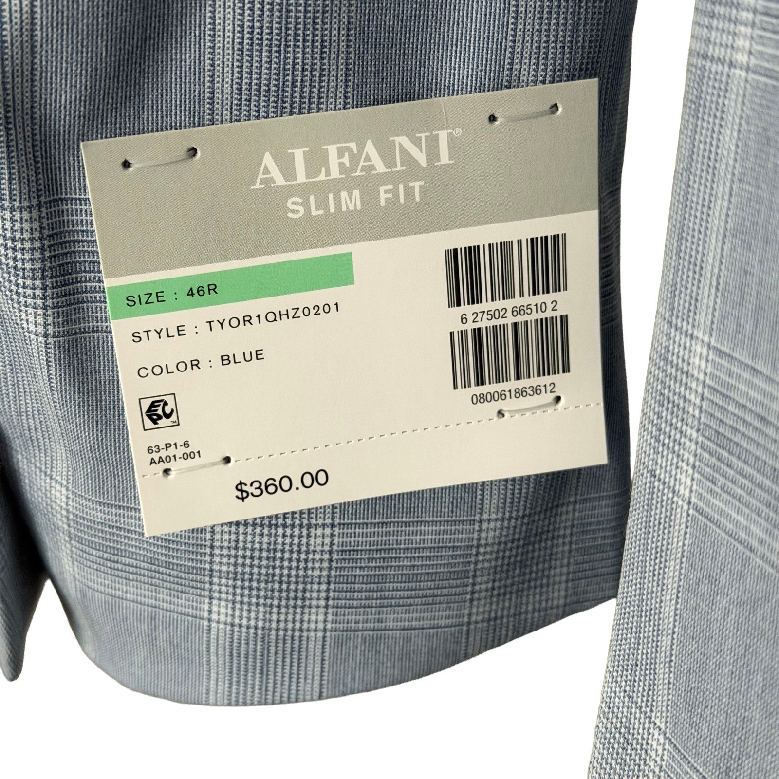 Alfani Alfatech Sport Coat Men's 46R Slim Fit Stretch Blue Plaid