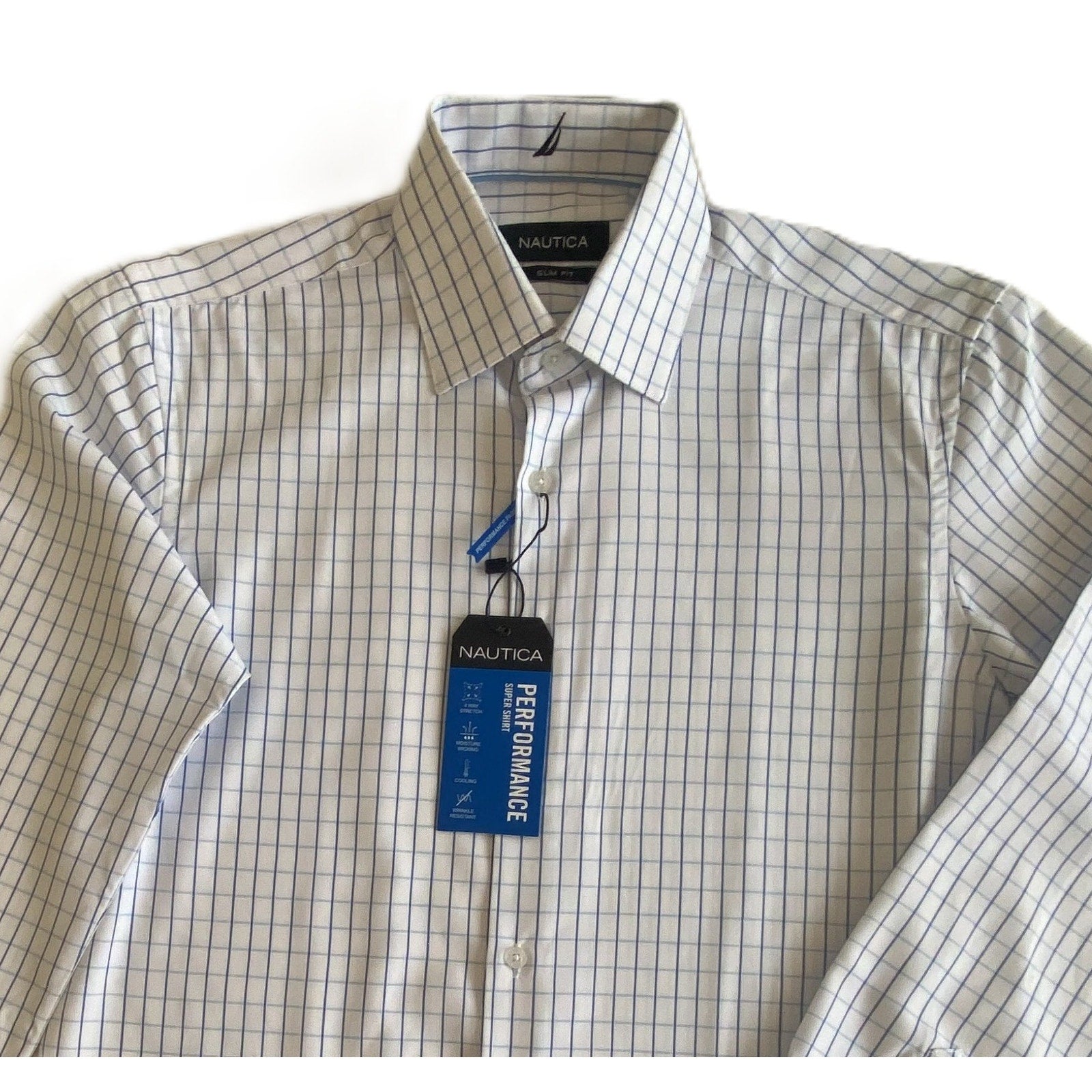 Nautica Dress Shirt Men's 14-14.5 32/33 Performance Slim Fit Blue Check