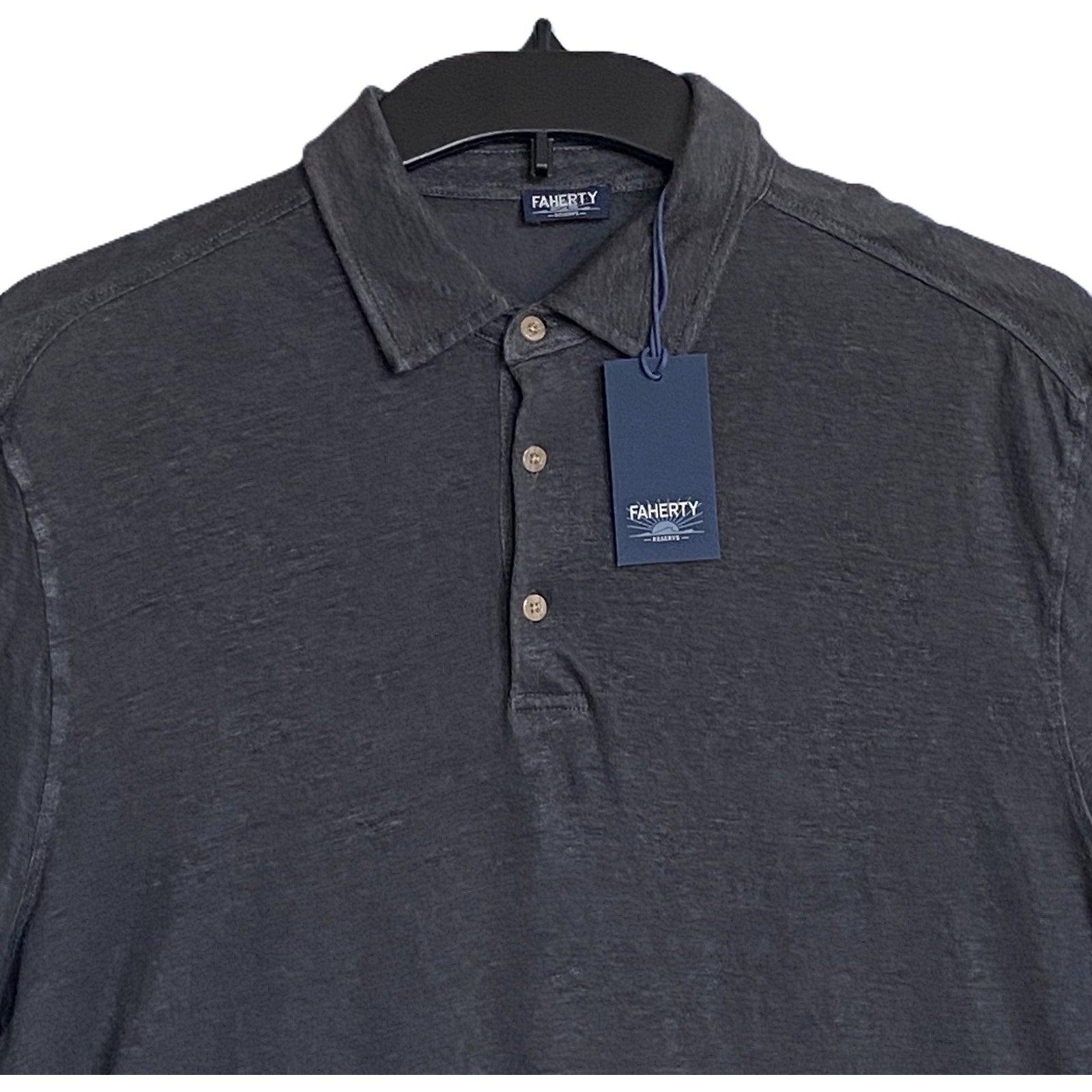 Faherty Polo Shirt Men's Large Reserve Short Sleeve Linen Washed Black NEW