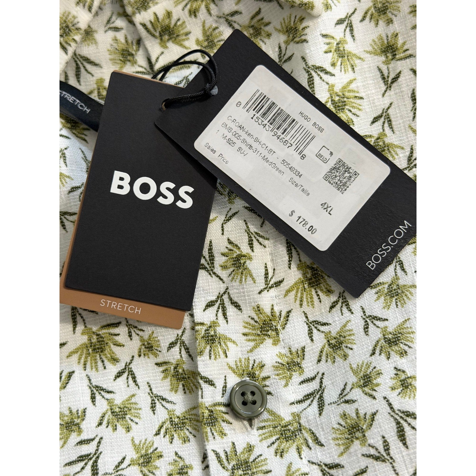 Boss Shirt Men's 4XL Big & Tall Short Slv Stretch Linen Shirt Green Floral
