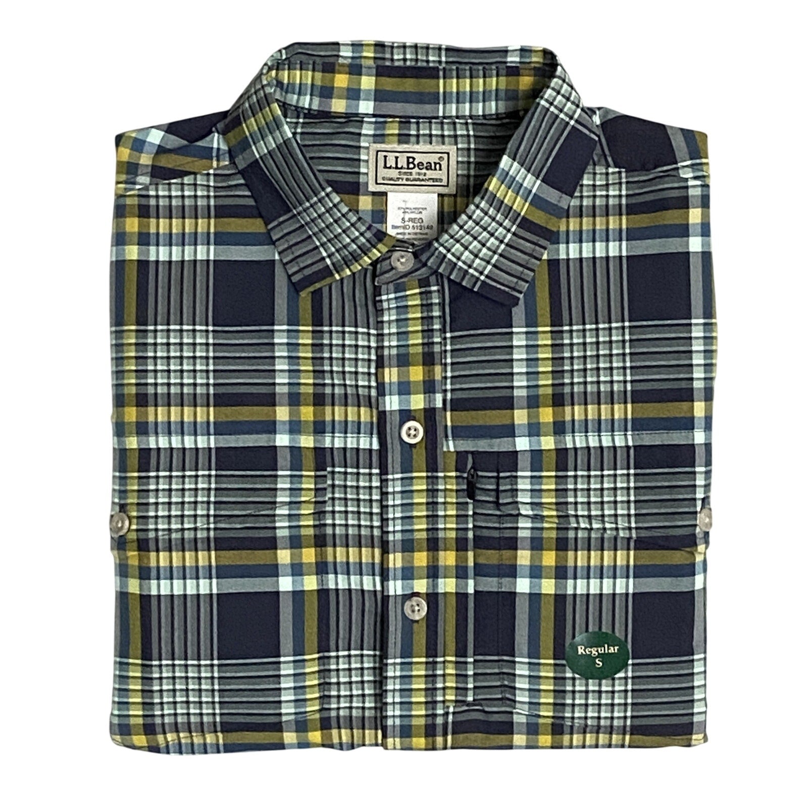 L.L. Bean Casual Shirt Men's Small SunSmart Cool Weave Navy Night Plaid