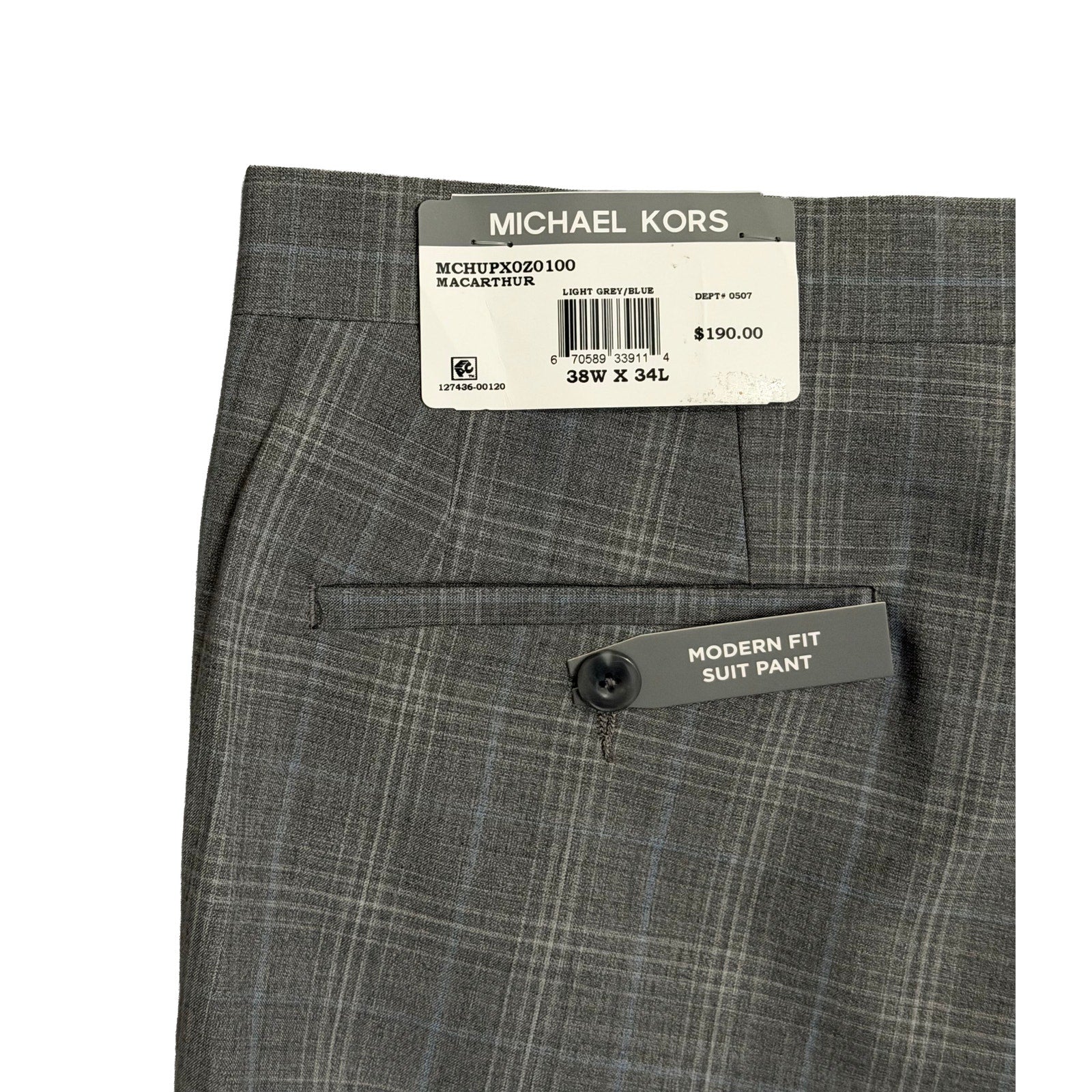Michael Kors Suit Pants Men's 38"x34" Modern Fit Wool Blend Light Grey/Blue Check