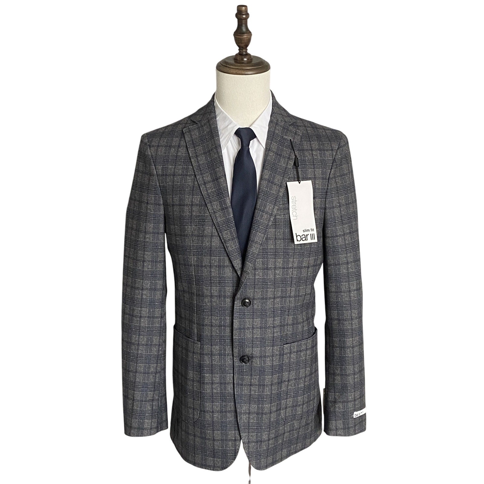 Bar III Sport Coat Men's 40 Long Slim Fit Stretch Fabric Grey Check
