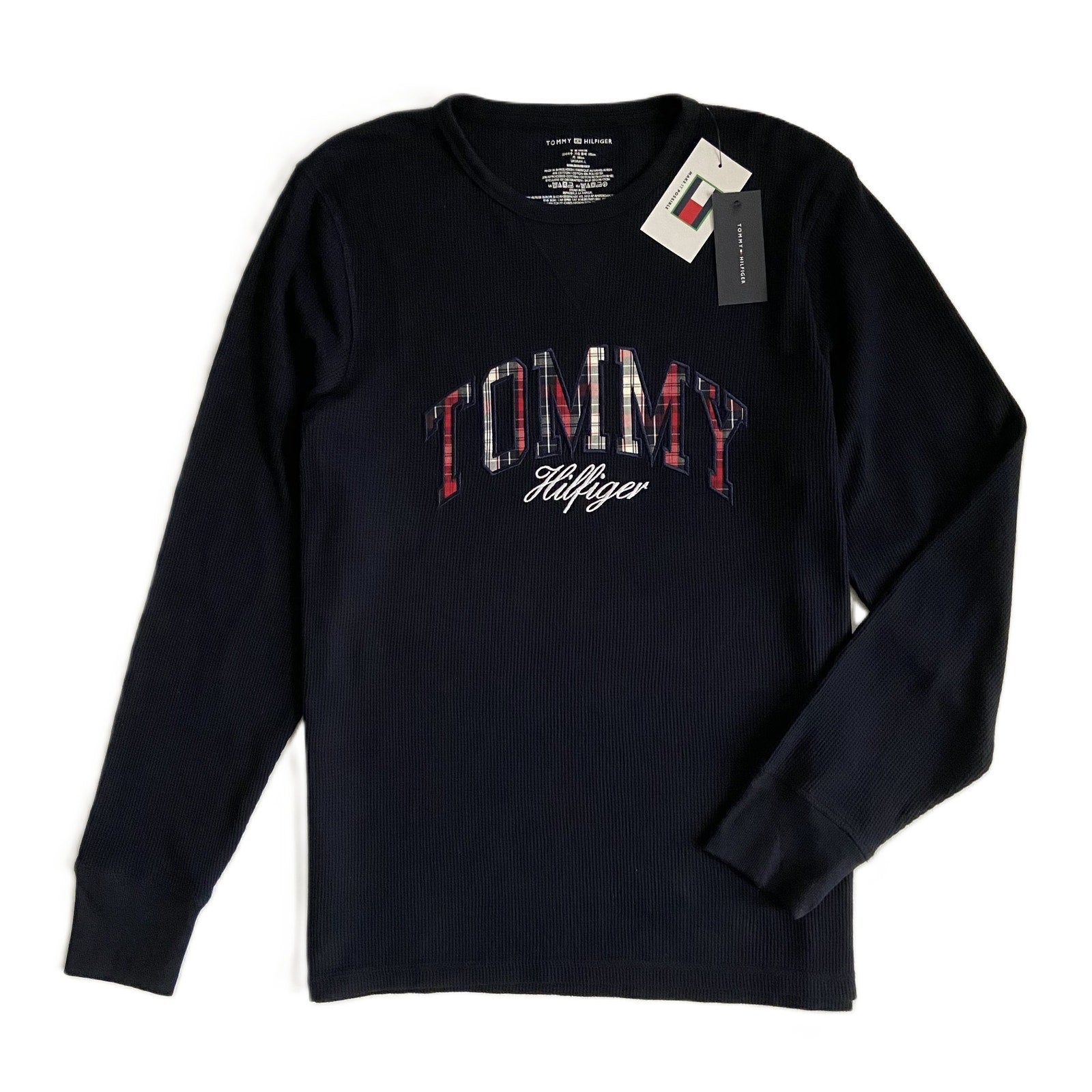 Tommy Hilfiger Tee Men's XL Long Sleeve Waffle-Knit Crew Neck Navy Blue