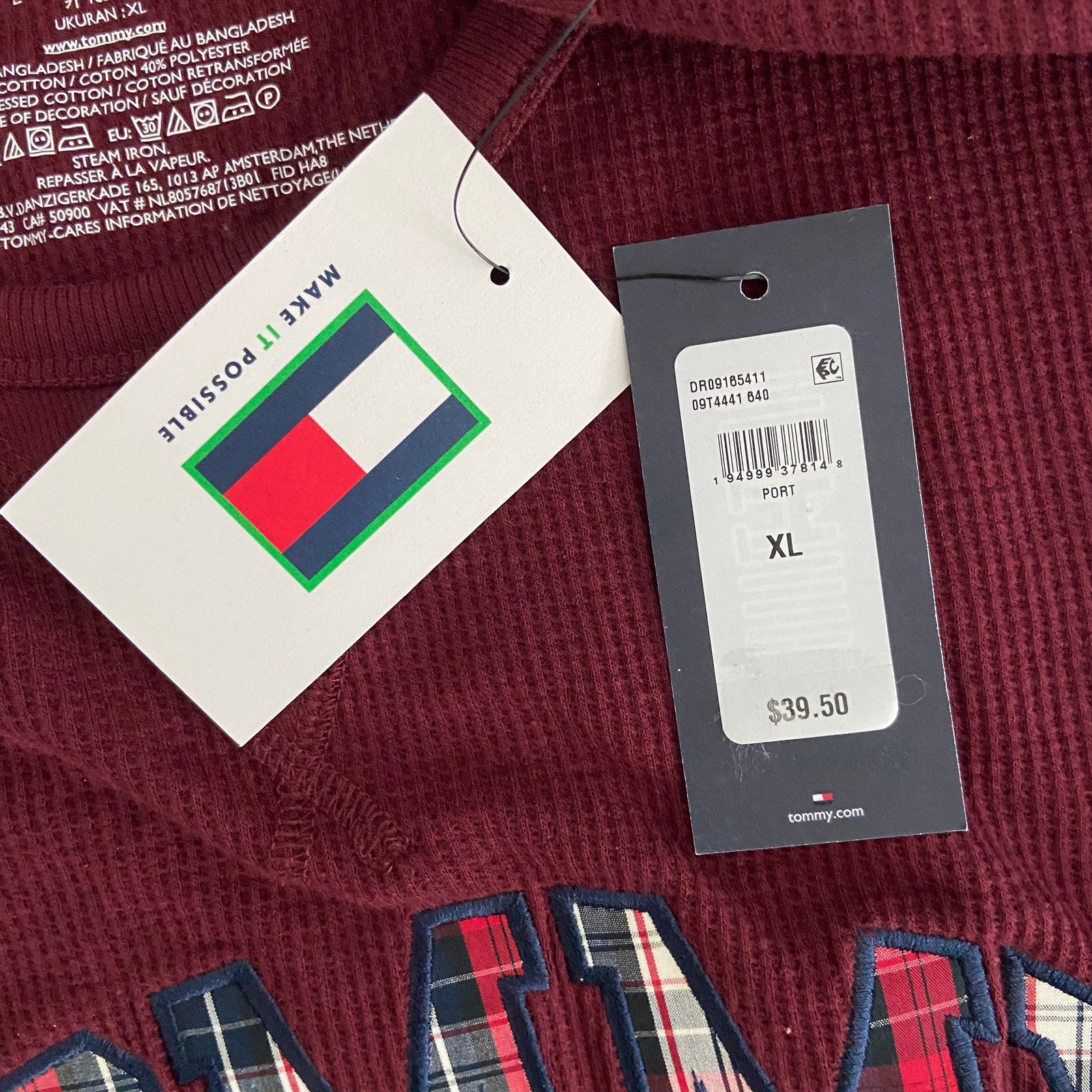 Tommy Hilfiger Tee Men's XL Long Sleeve Waffle-Knit Crew Neck Maroon