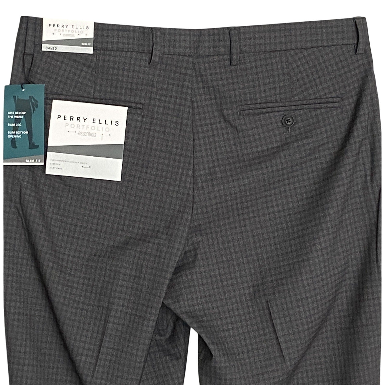 Perry Ellis Portfolio Pants Men's 34x32 Slim Fit Dress Pant Charcoal Gingham