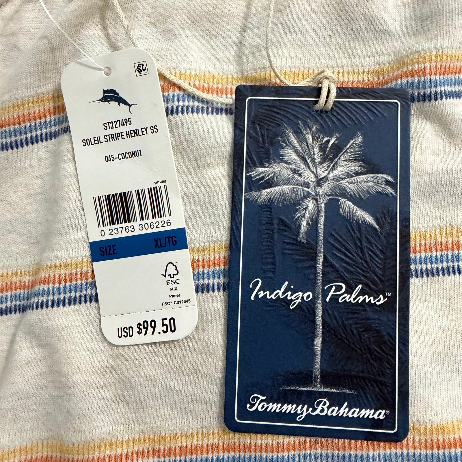 Tommy Bahama Henley Men's XL Short Sleeve "Soleil Stripe Henley" Coconut