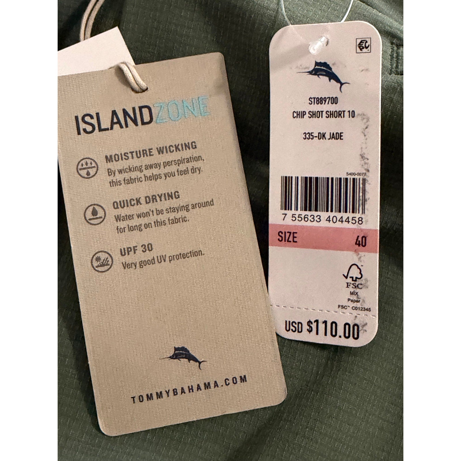 Tommy Bahama Men's 40" x 10" "Chip Shot Short" Dark Jade 5-Pocket Stretch