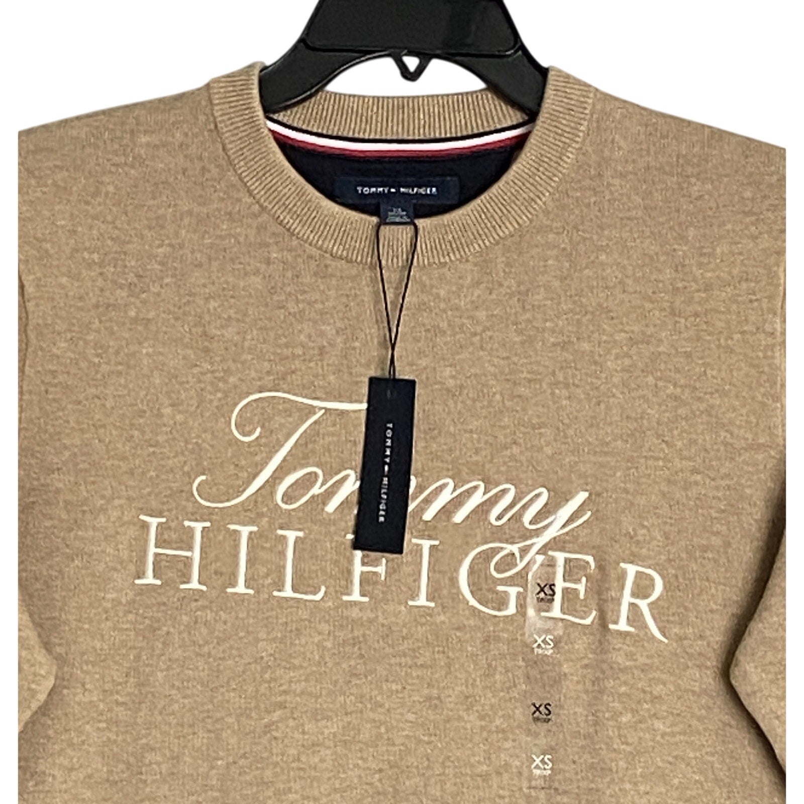 Tommy Hilfiger Sweater Men's XS Signature Crew Neck Embroidered Logo Beige